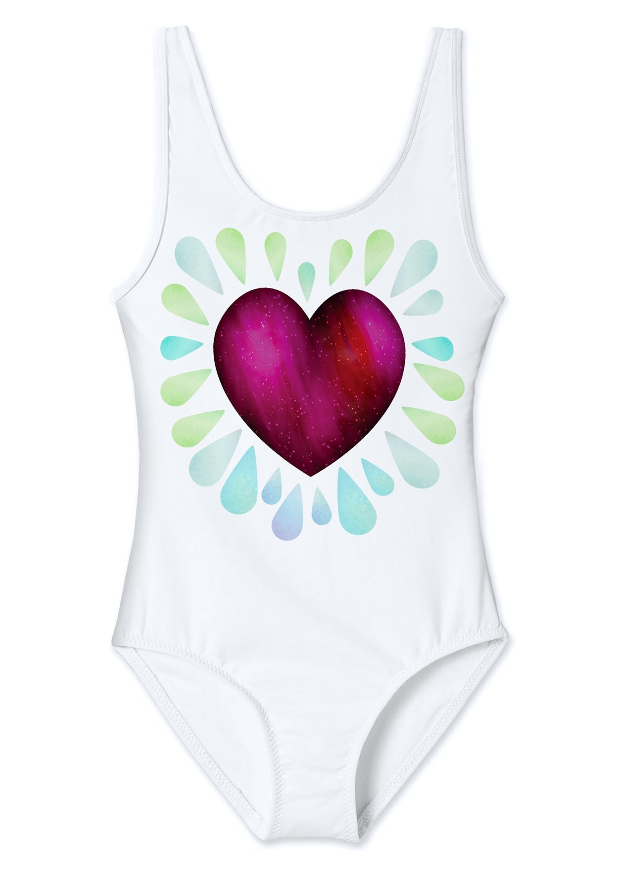 Ruby Heart Tank Swimsuit for girls featuring a vibrant ruby heart print, designed for comfort and style.