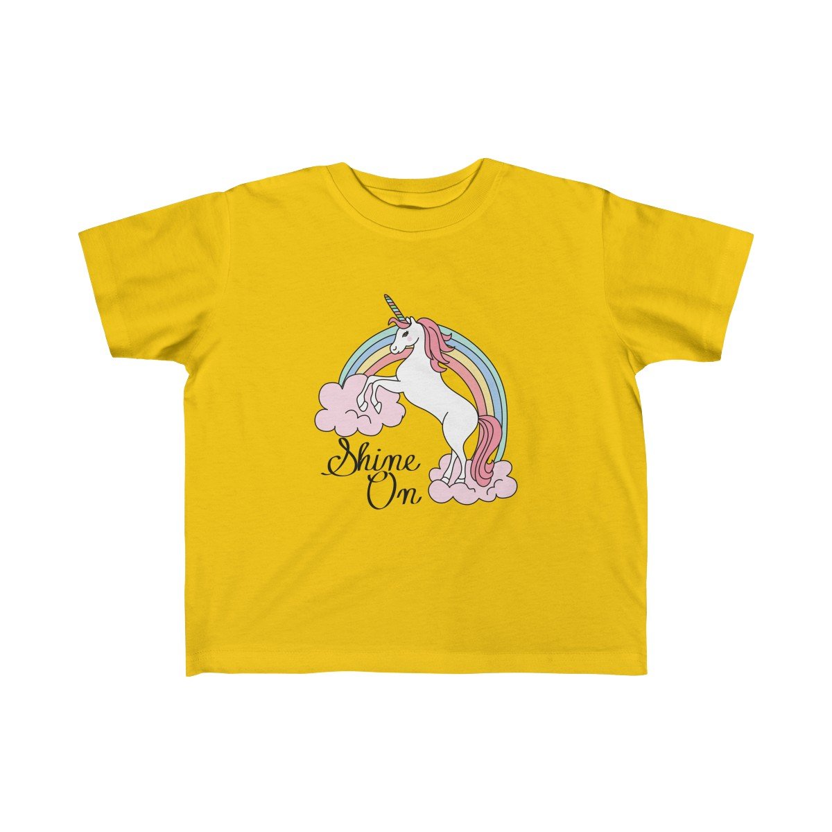 A soft and colorful Shine On Unicorn Kid Girls Tee featuring a vibrant unicorn print, designed for toddlers with sensitive skin.