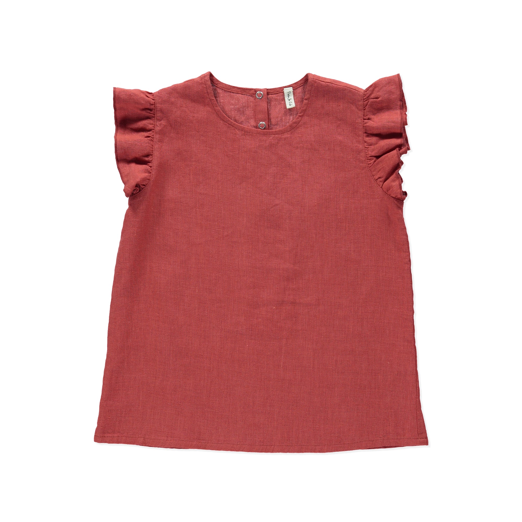 A terracotta shirt with frilled butterfly sleeves and a back snap closure, made from lightweight linen fabric.