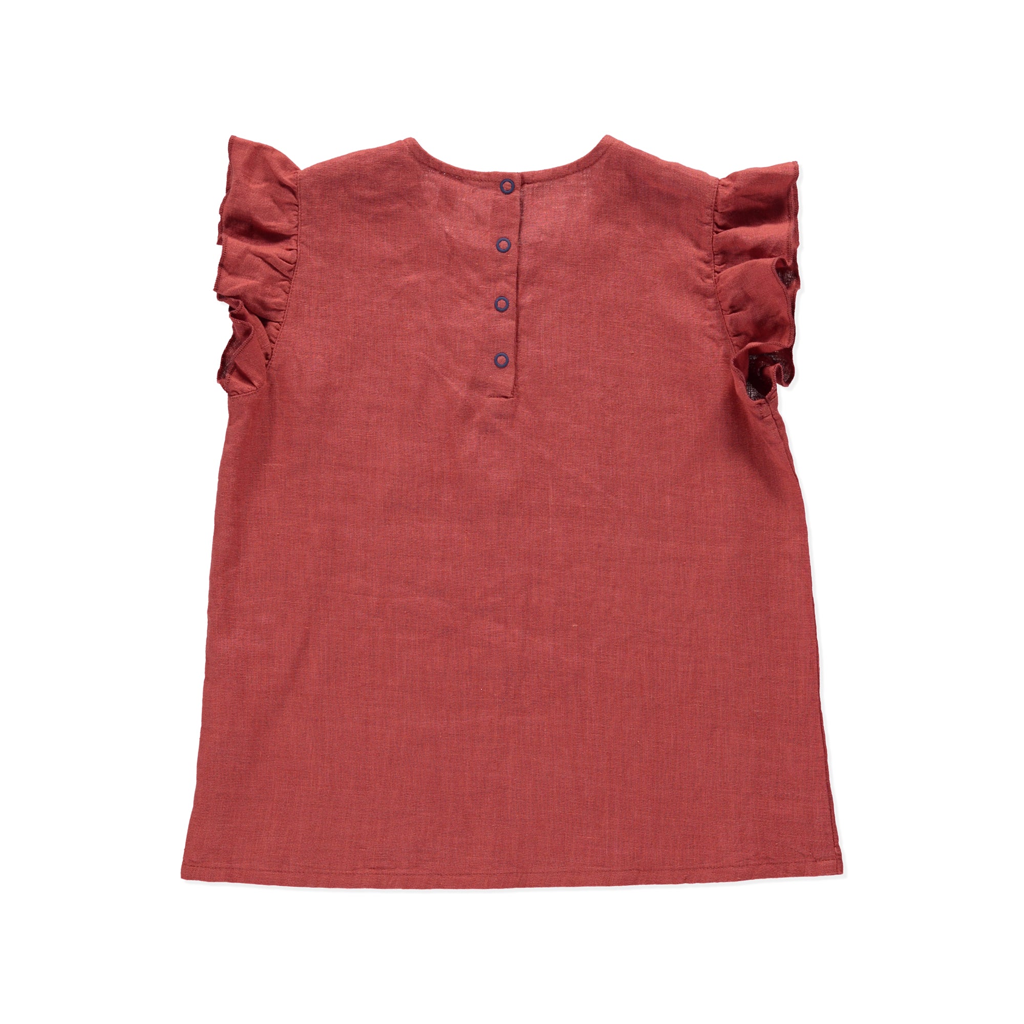 A terracotta shirt with frilled butterfly sleeves and a back snap closure, made from lightweight linen fabric.