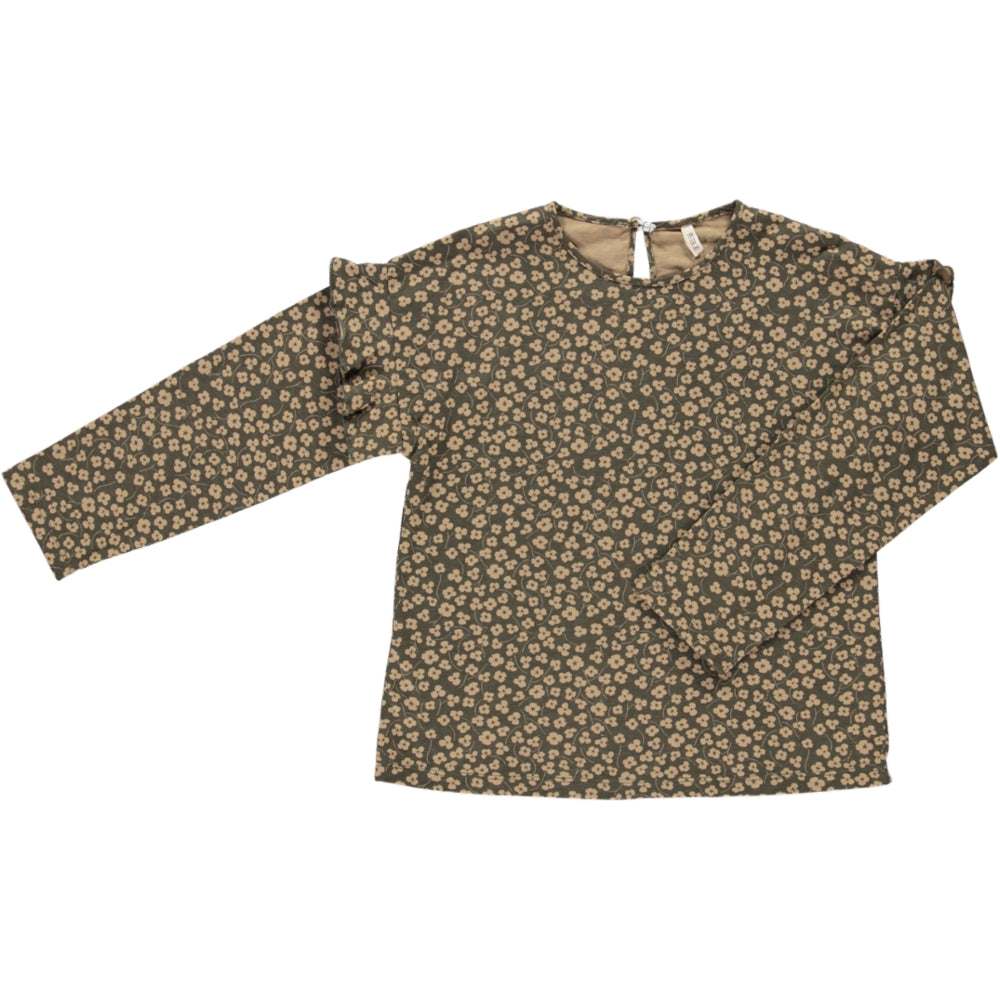 Vermont Khaki Print Shirt featuring floral design, round neck, and ruffled sleeves, made from organic cotton.