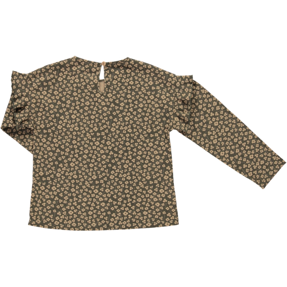 Vermont Khaki Print Shirt featuring floral design, round neck, and ruffled sleeves, made from organic cotton.