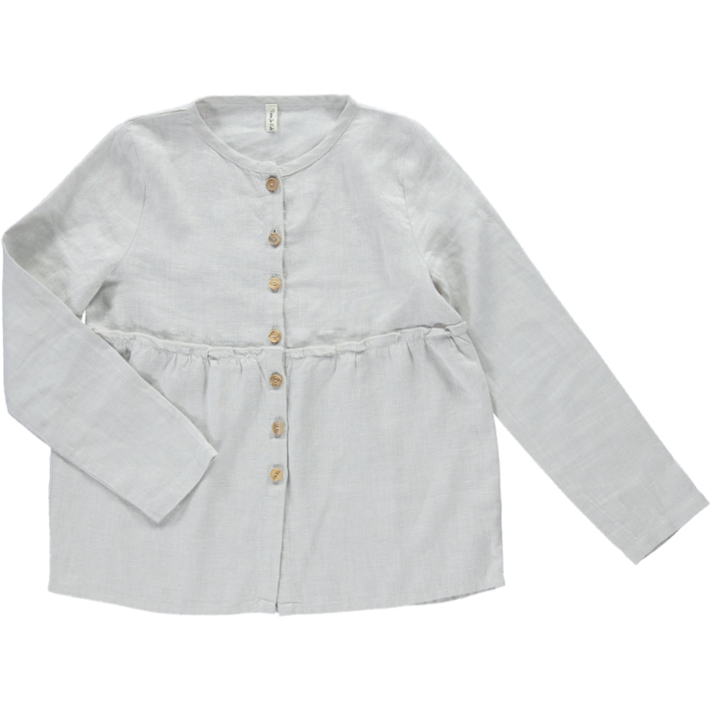 A stylish long-sleeve shirt in creme color with frilled elasticised waist and olive wood button front closure, made from 100% breathable linen.