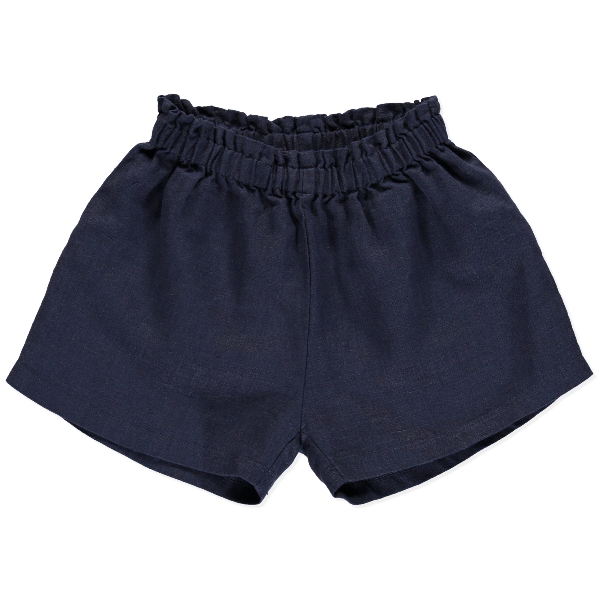 Crocus Blue Shorts made of 100% linen with frill details on the elasticised waist, perfect for casual wear.