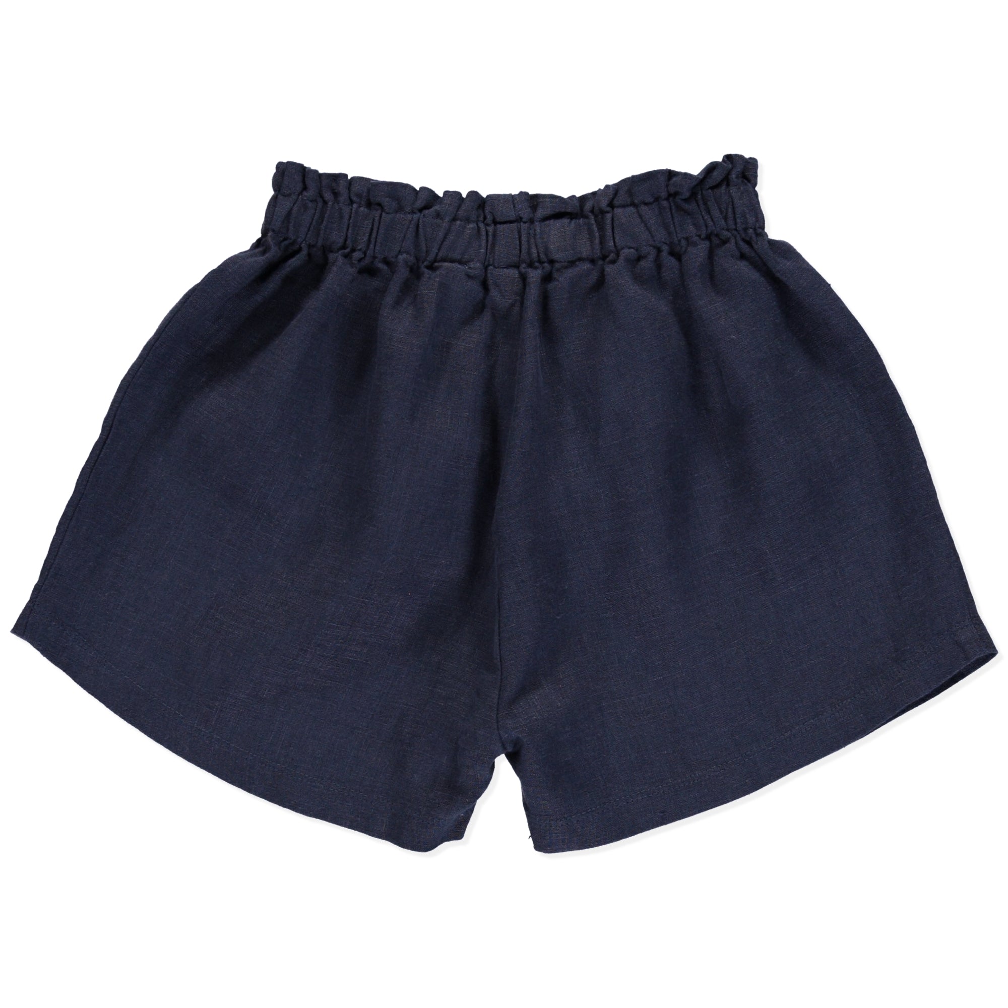 Crocus Blue Shorts made of 100% linen with frill details on the elasticised waist, perfect for casual wear.