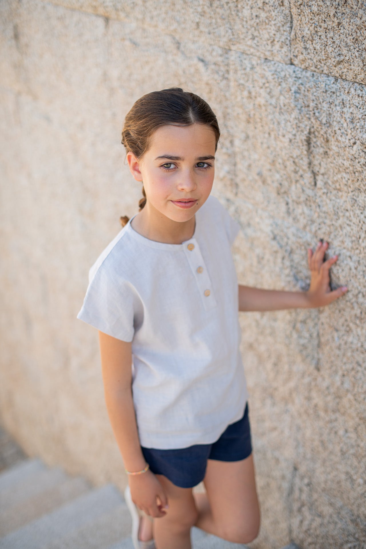 Crocus Blue Shorts made of 100% linen with frill details on the elasticised waist, perfect for casual wear.