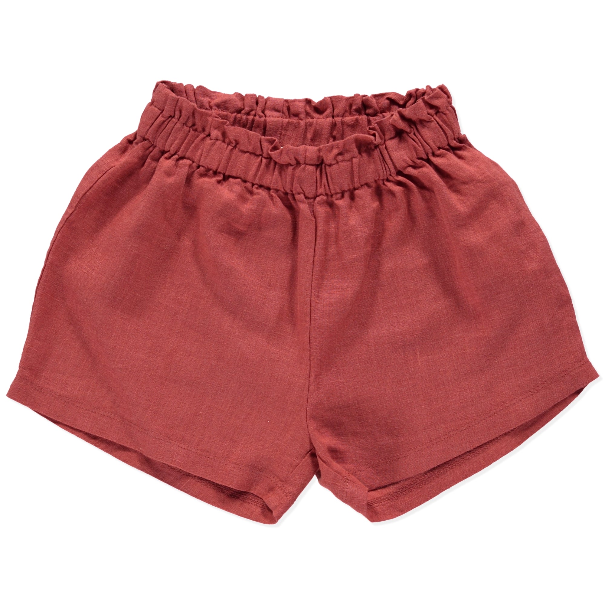 Crocus Terracotta Shorts made of 100% linen with frilled elasticised waist, showcasing a warm terracotta color.