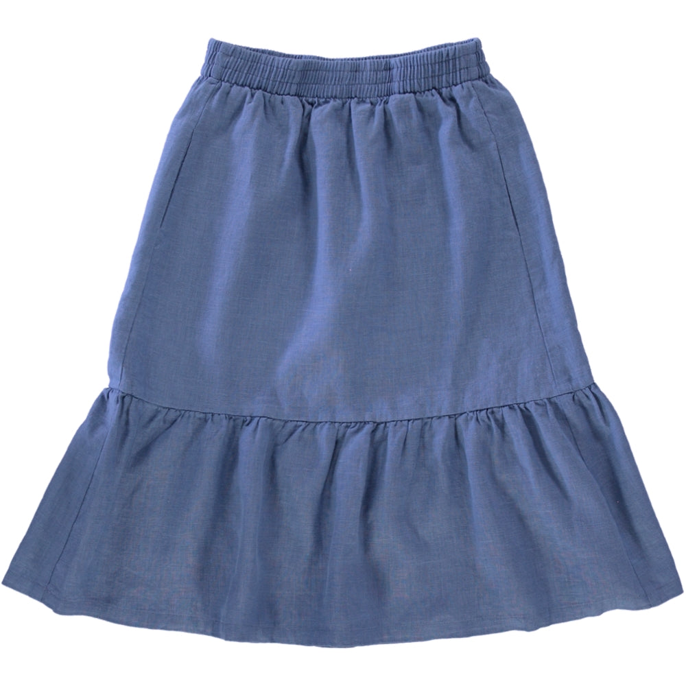 Skirt Tulip Celeste featuring a rose, blue celeste, and sienna cream color scheme, made from 100% linen with an elasticised waist and side pockets.