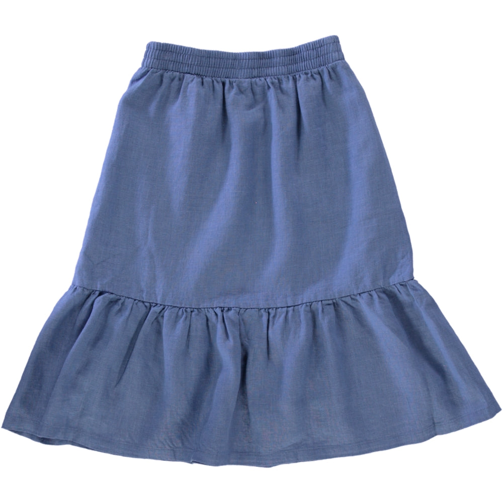 Skirt Tulip Celeste featuring a rose, blue celeste, and sienna cream color scheme, made from 100% linen with an elasticised waist and side pockets.