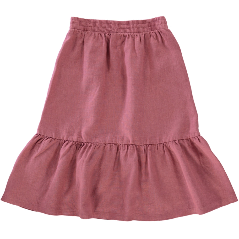 A stylish Skirt Tulip Rose made from 100% linen, featuring an elasticised waist and side pockets, displayed in rose color.