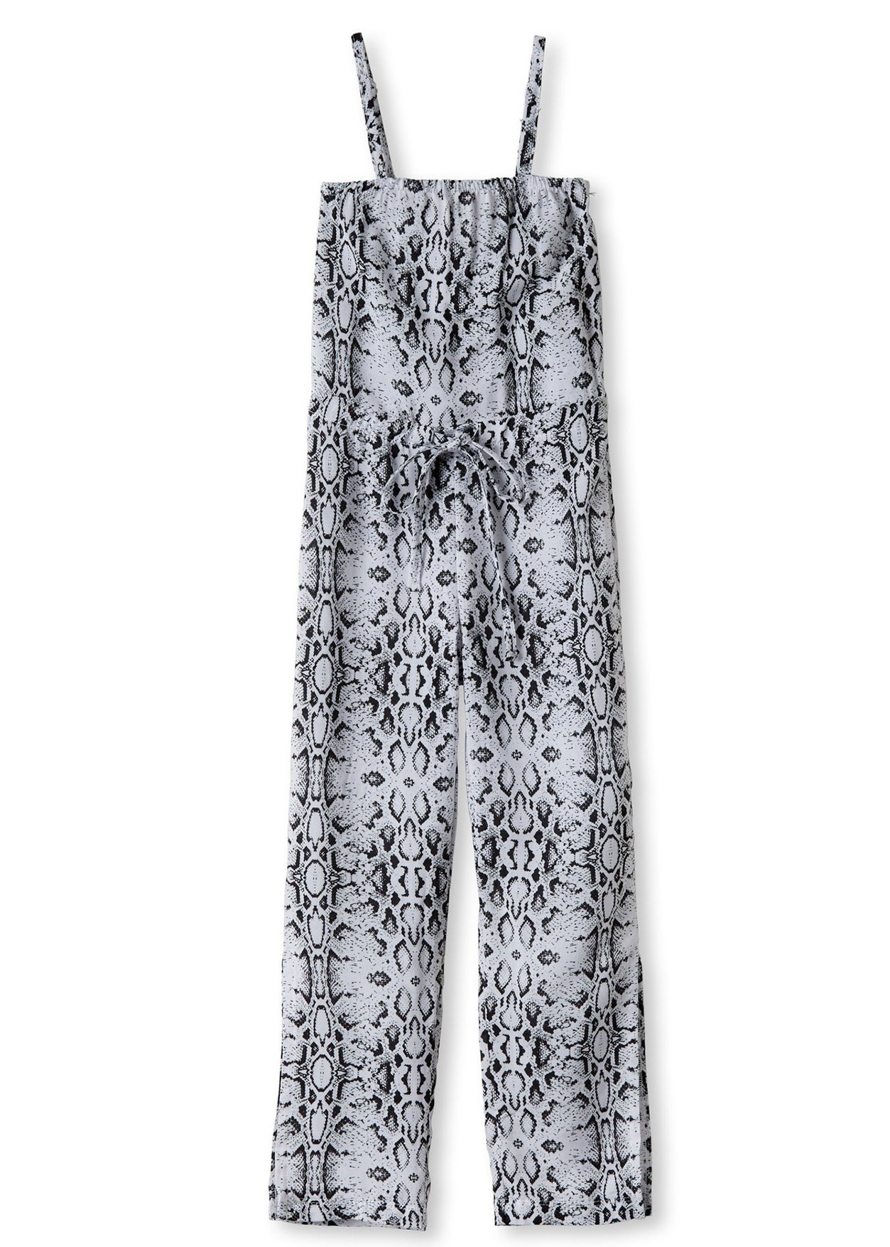 A stylish snake print jumpsuit designed for girls, perfect for beachwear and summer outings.