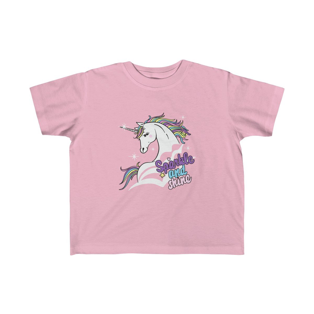 A colorful Sparkle and Shine Unicorn Tee for girls, featuring a vibrant unicorn print on soft cotton fabric, perfect for toddlers.