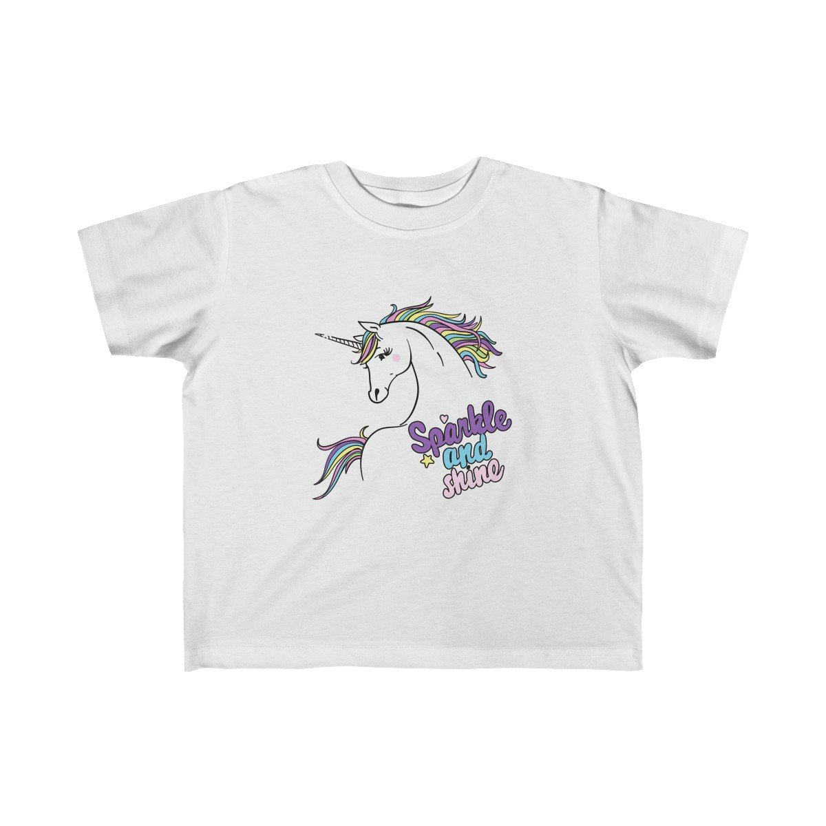 A colorful Sparkle and Shine Unicorn Tee for girls, featuring a vibrant unicorn print on soft cotton fabric, perfect for toddlers.