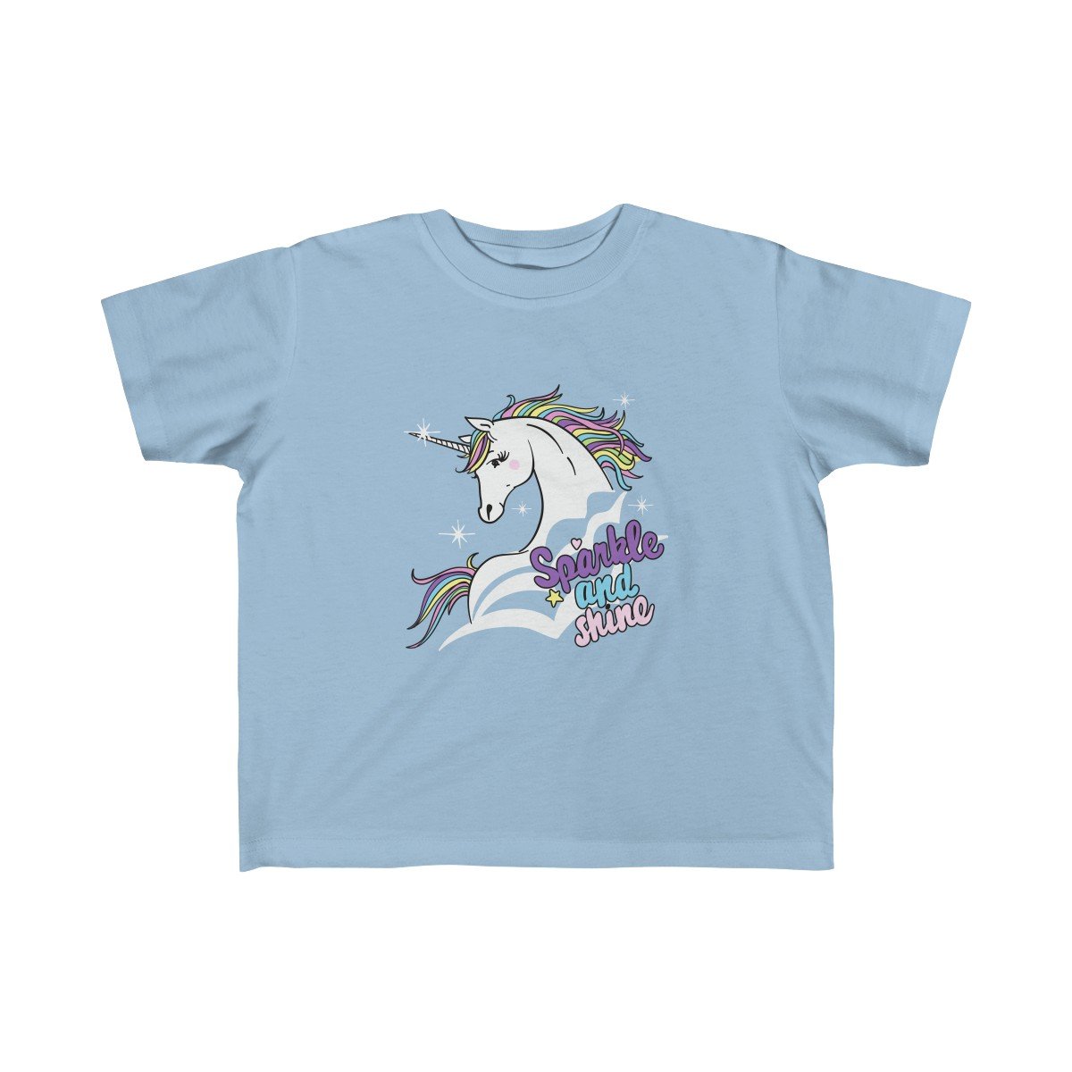 A colorful Sparkle and Shine Unicorn Tee for girls, featuring a vibrant unicorn print on soft cotton fabric, perfect for toddlers.