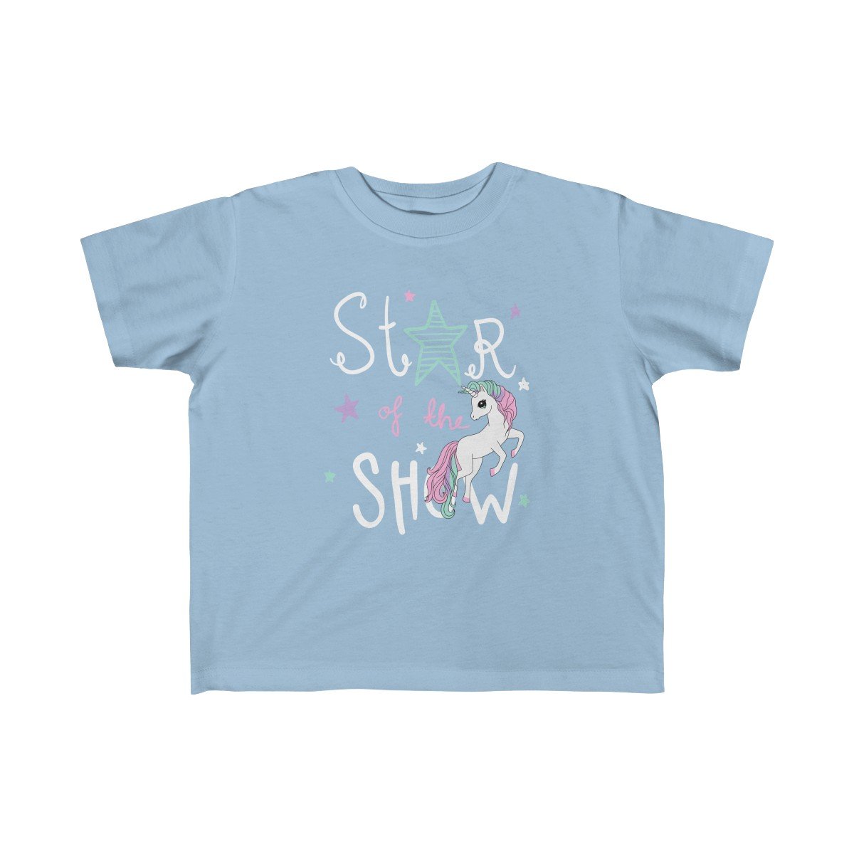 A soft and colorful unicorn-themed tee for toddlers, featuring a classic fit and durable print, perfect for sensitive skin.