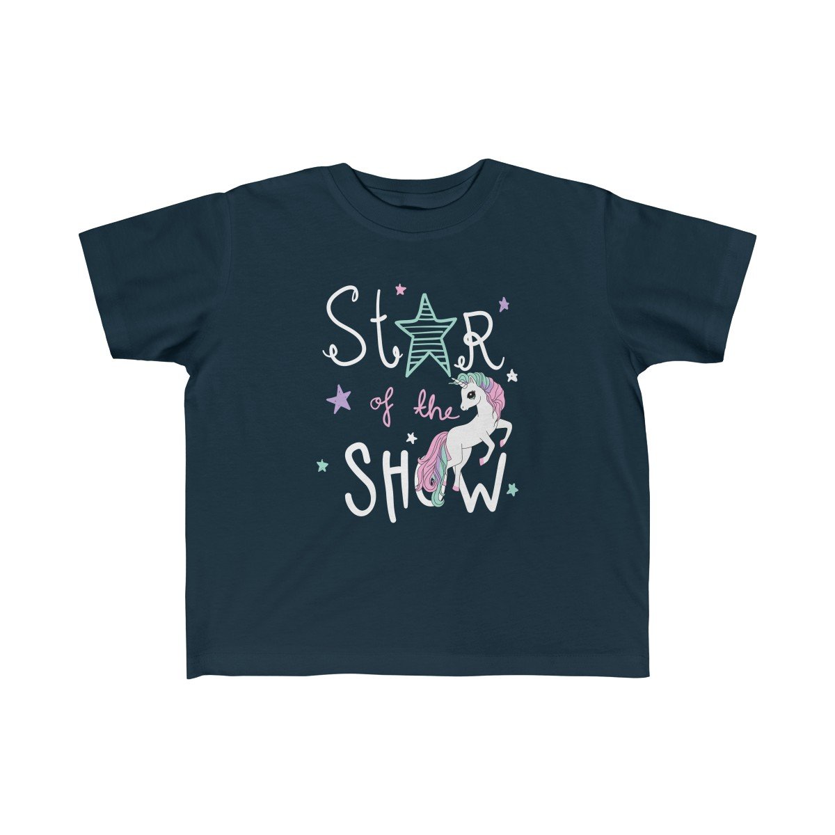 A soft and colorful unicorn-themed tee for toddlers, featuring a classic fit and durable print, perfect for sensitive skin.