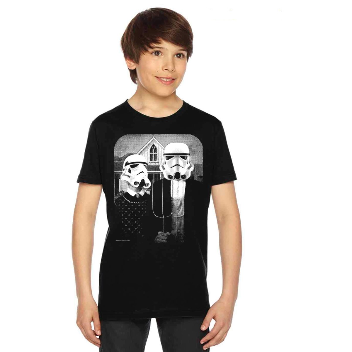 Star Wars American Gothic T-shirt featuring Stormtroopers in classic art style, showcasing eco-friendly print and premium quality fabric.