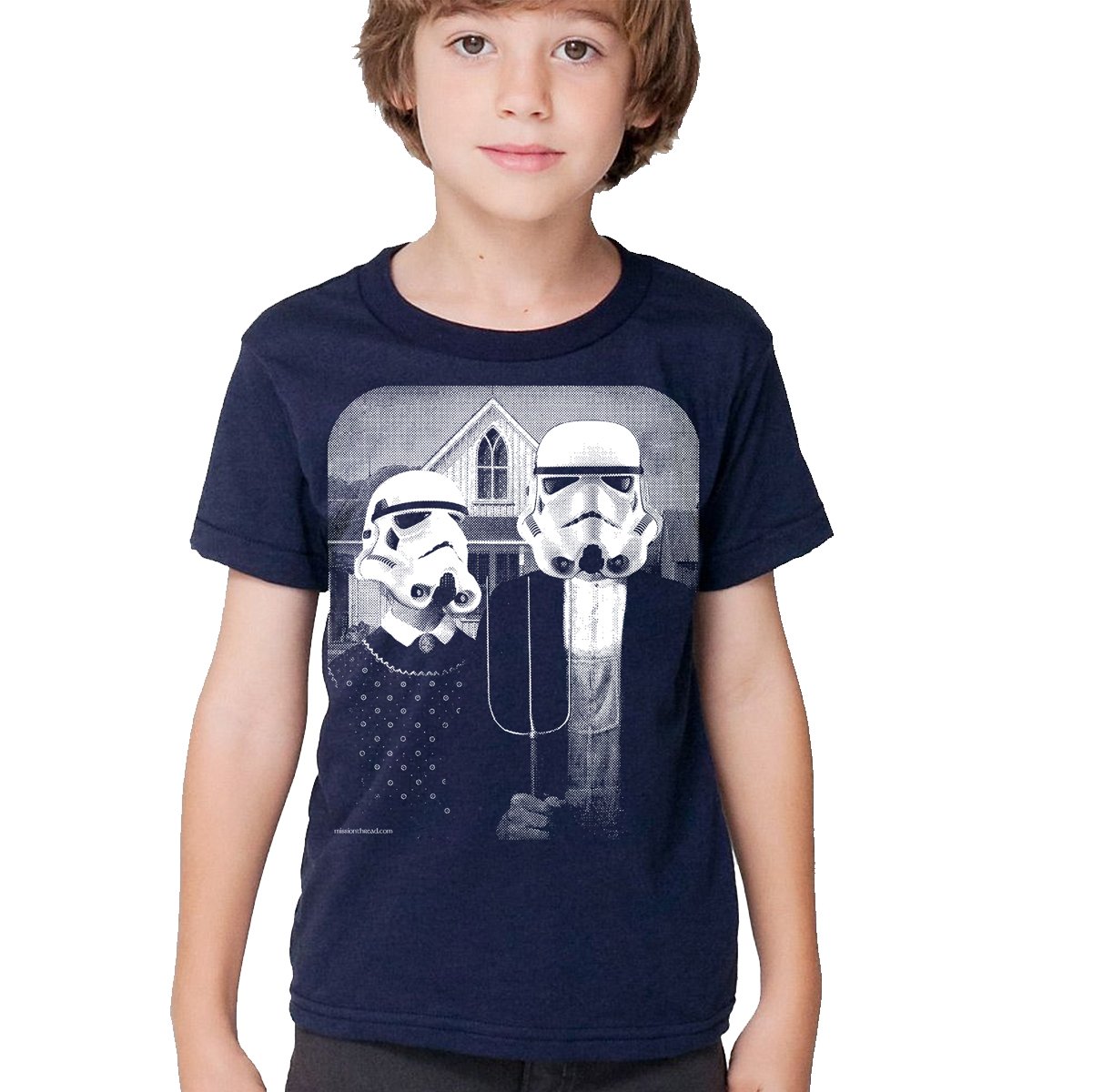 Star Wars American Gothic T-shirt featuring Stormtroopers in classic art style, showcasing eco-friendly print and premium quality fabric.