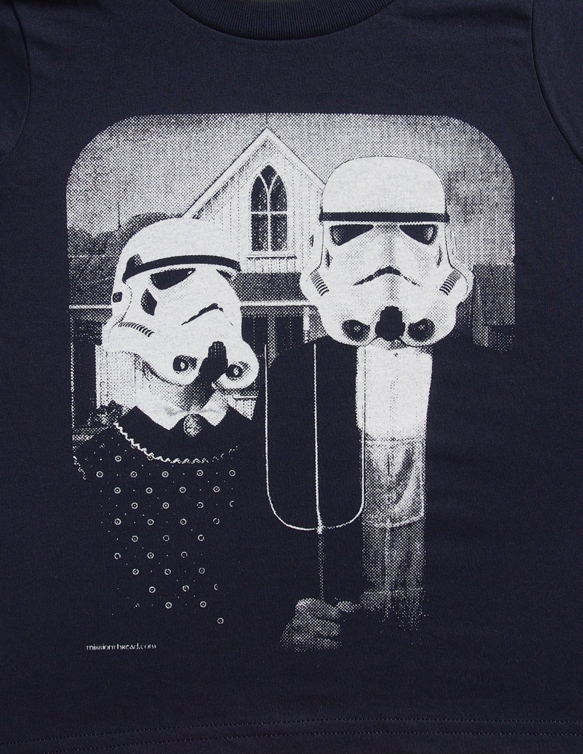 Star Wars American Gothic T-shirt featuring Stormtroopers in classic art style, showcasing eco-friendly print and premium quality fabric.