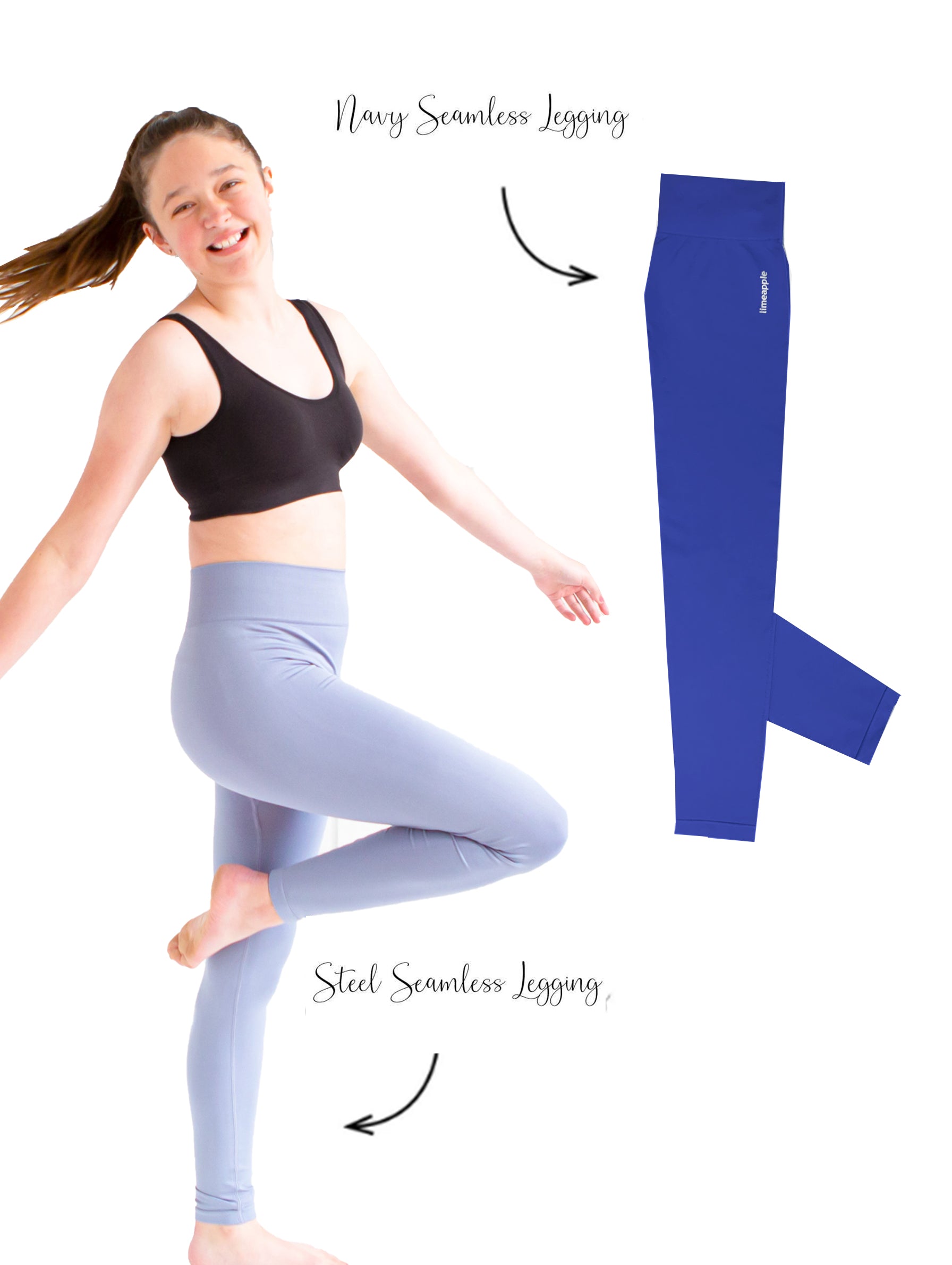 Steel and navy seamless leggings pack of 2, featuring a comfortable high-rise design and stretchy fabric for active girls aged 4-16.