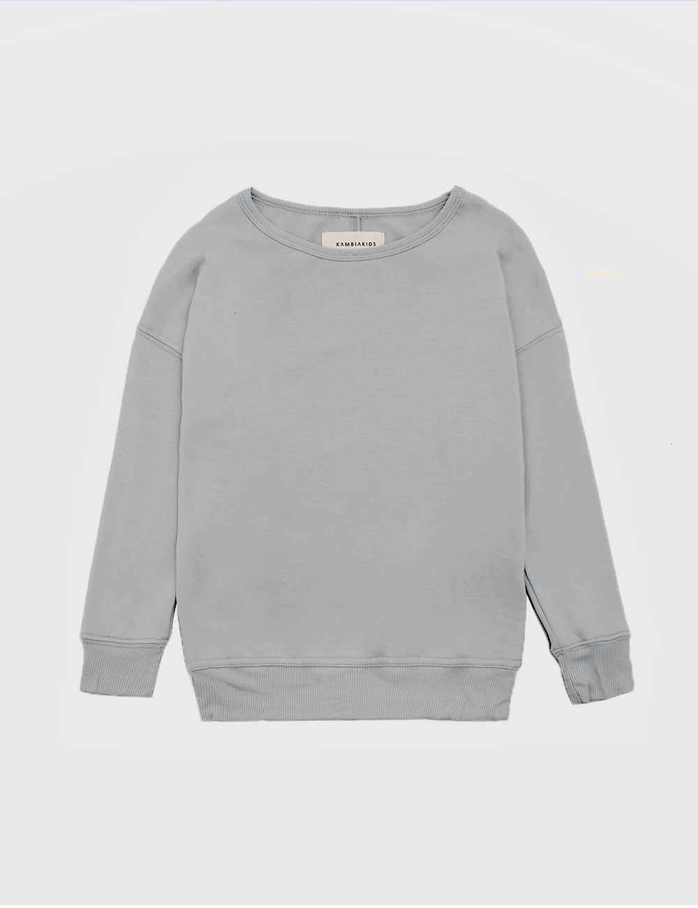 A soft stone-colored crewneck made from recycled bamboo, designed for kids with a gender-neutral style.