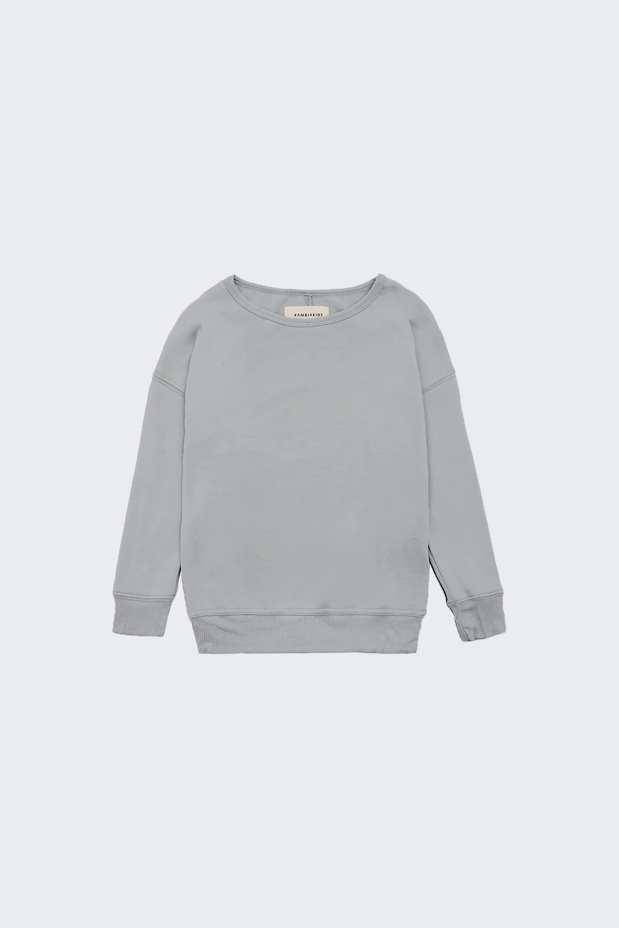 A soft stone-colored crewneck made from recycled bamboo, designed for kids with a gender-neutral style.