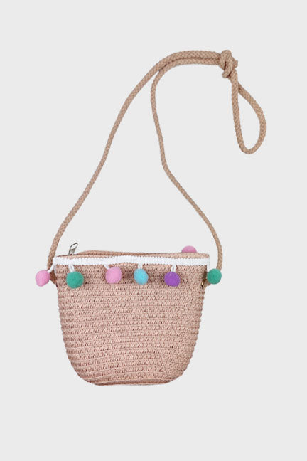 Adorable straw hat and purse set with multi-colored pom poms, perfect for spring outings for babies.