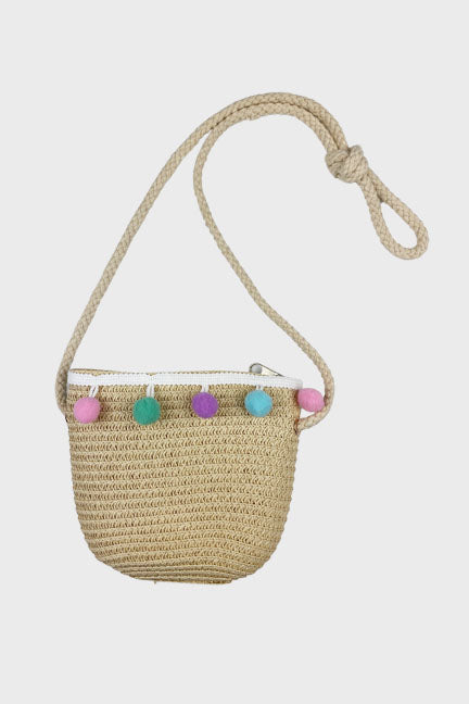 Adorable straw hat and purse set with multi-colored pom poms, perfect for spring outings for babies.