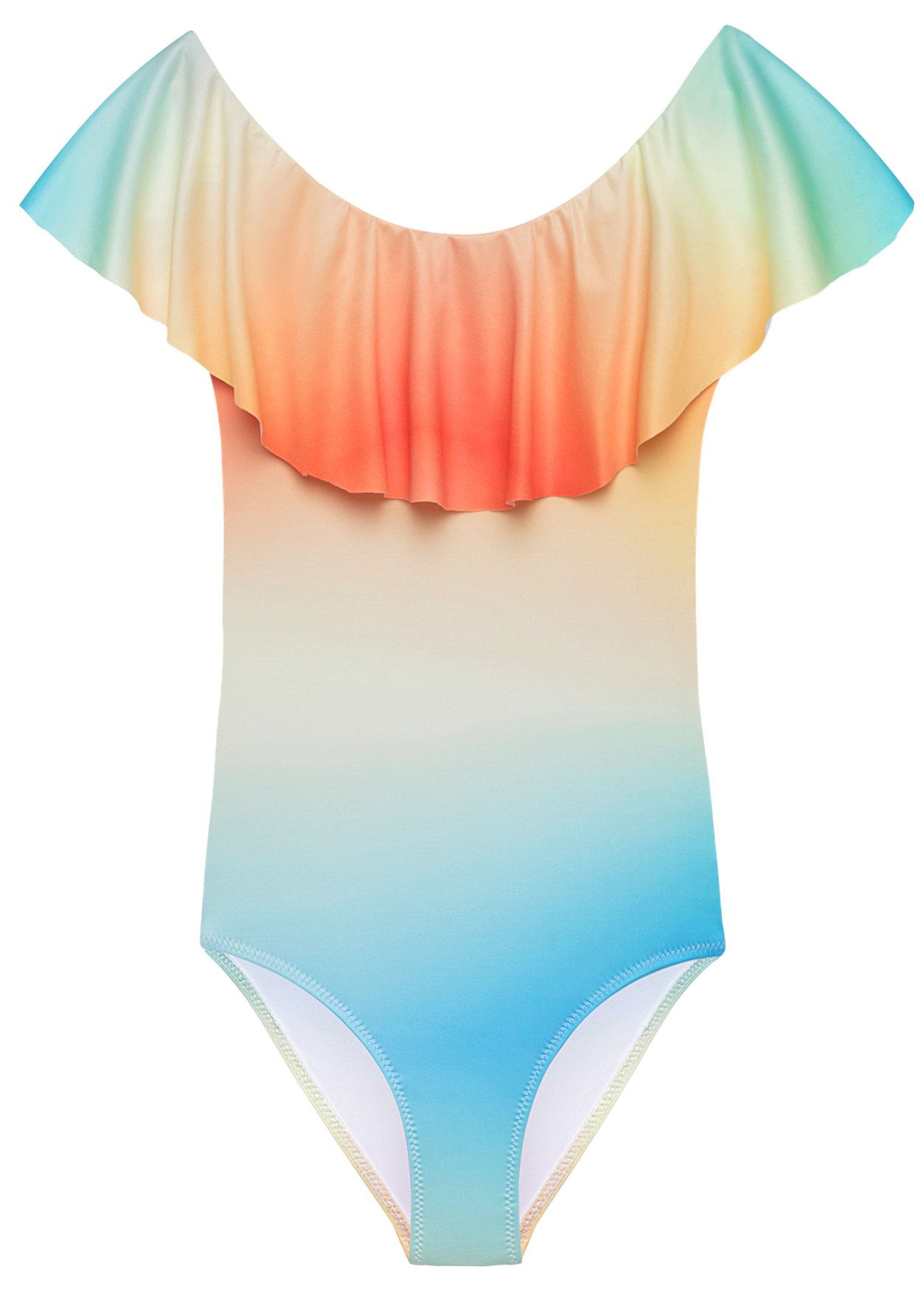 Colorful tie-dye sunset print bathing suit for girls with matching bikini.