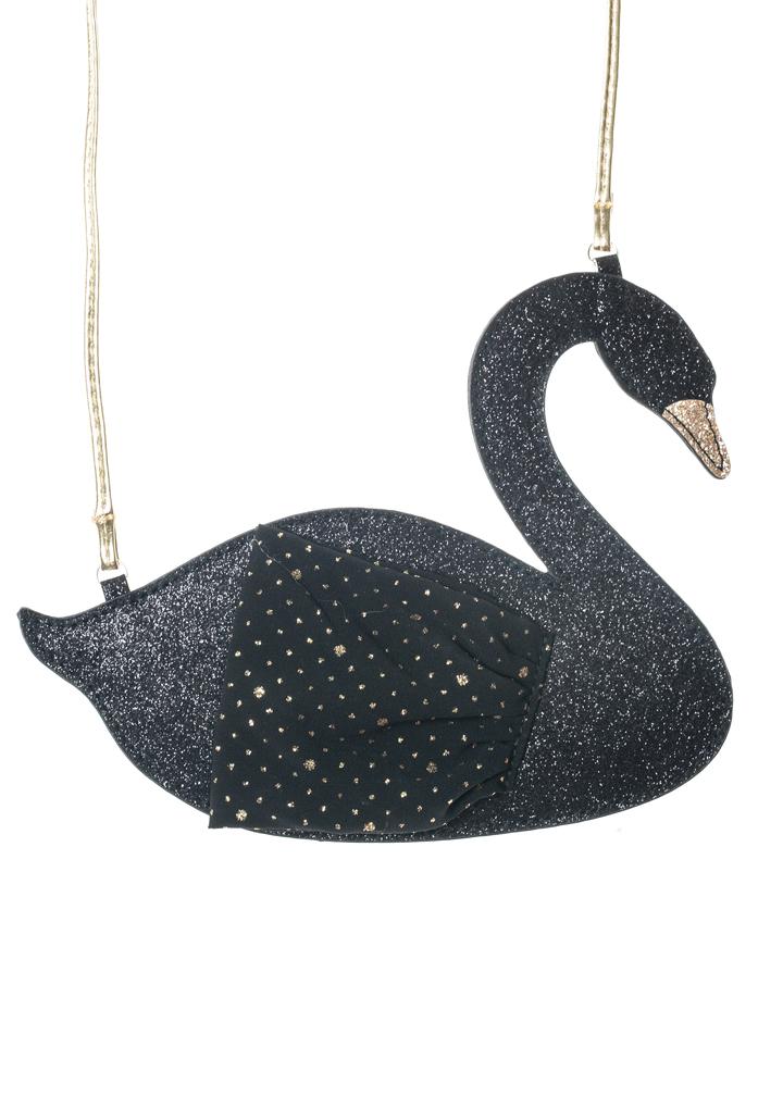 Black glitter Swan Bag with a magnetic dot closure, stylish and elegant for carrying essentials.