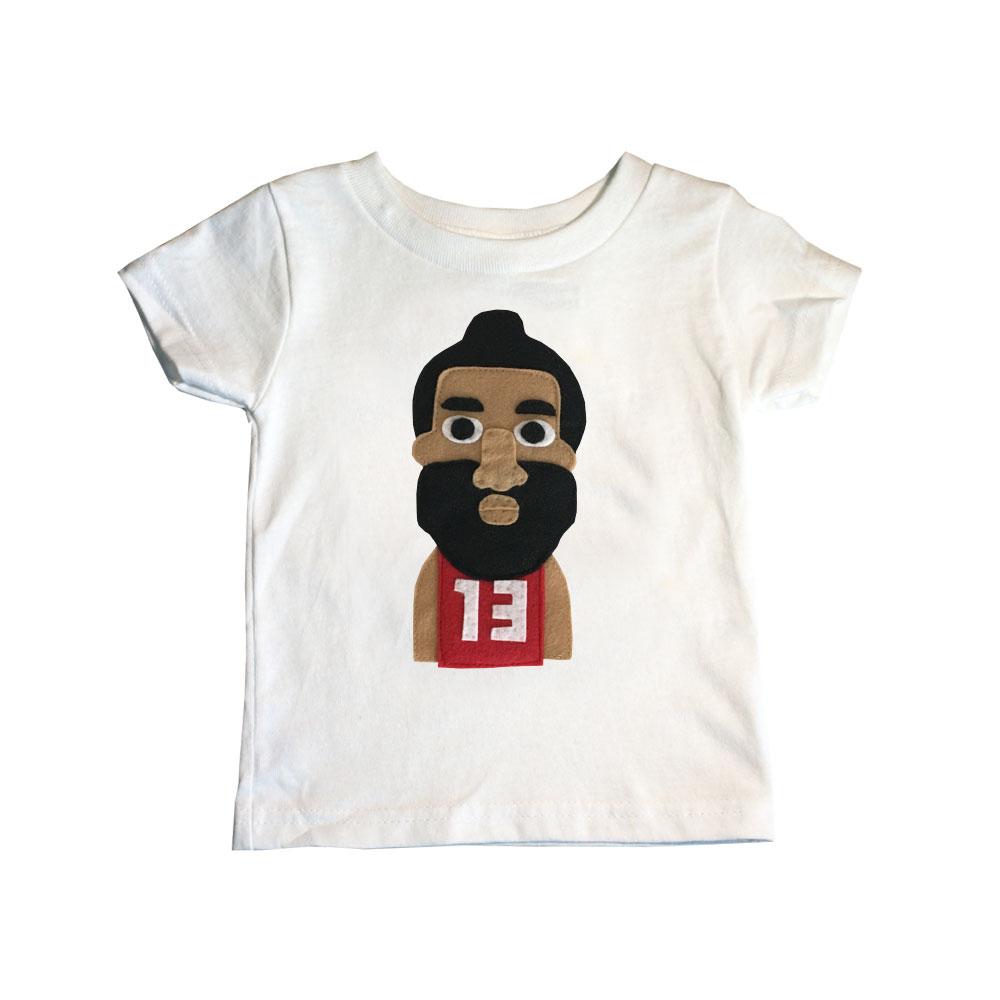 A vibrant kids t-shirt featuring a handmade design of The Beard, showcasing felt appliqué pieces, perfect for young basketball fans.