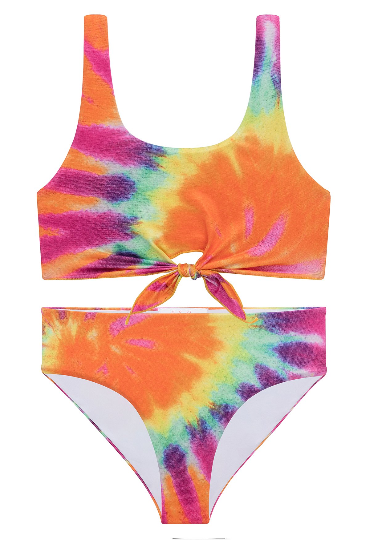 A vibrant tie dye bikini set with matching poncho, perfect for summer beach outings.