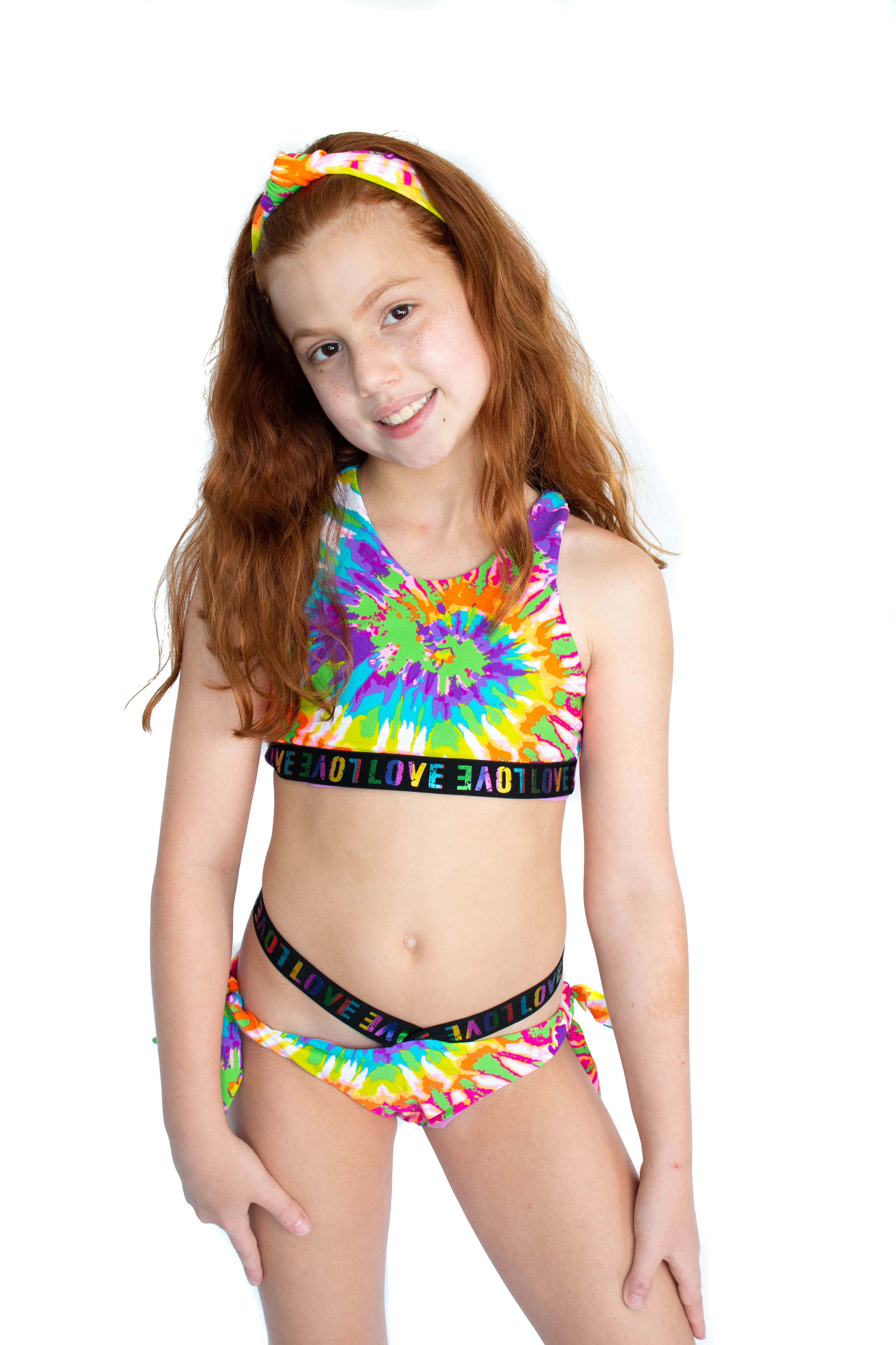 Colorful Tie Dye Love Bikini Swimsuit for kids, featuring vibrant patterns and comfortable Lycra material.