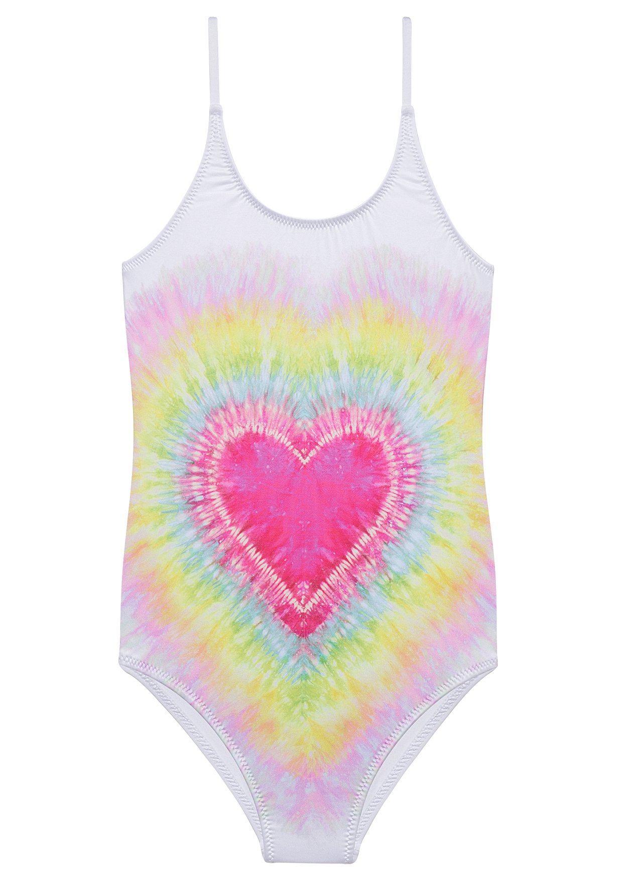 A colorful tie-dye heart swimsuit for girls, featuring a matching beach cover-up poncho, perfect for summer fun.