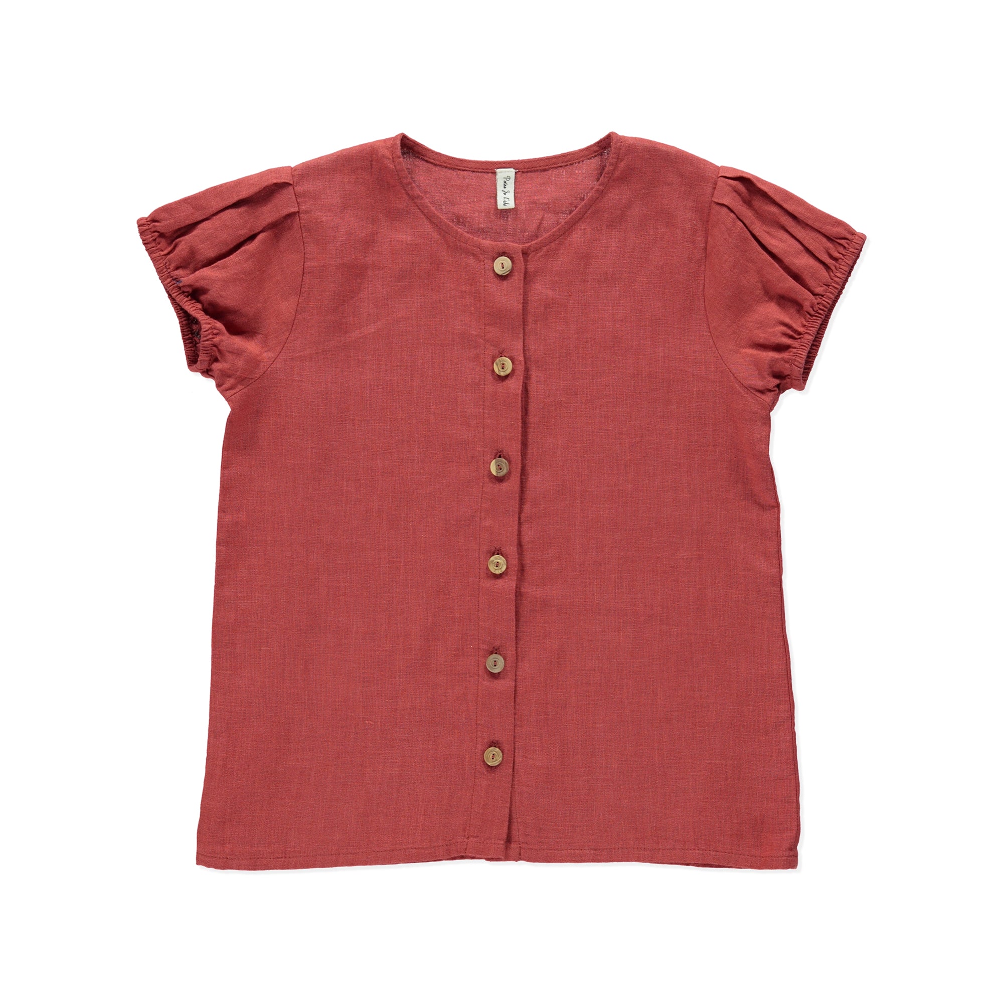 Top Gerbera Terracotta featuring balloon sleeves and olive wood buttons, made from soft linen.