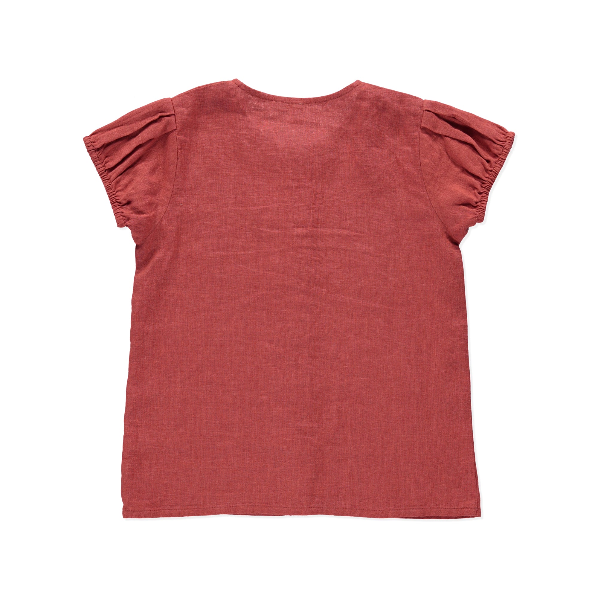 Top Gerbera Terracotta featuring balloon sleeves and olive wood buttons, made from soft linen.