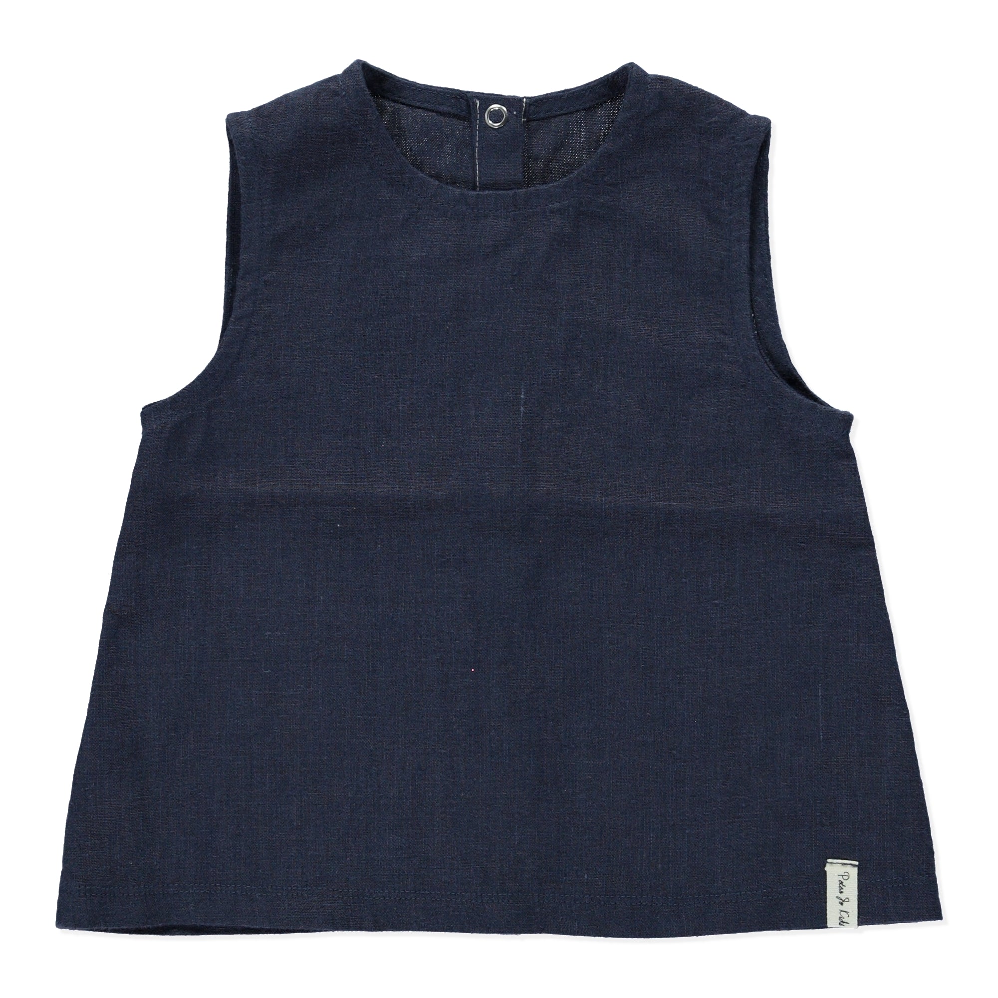 A stylish sleeveless blue top made of 100% linen, featuring a round neck and snap closure at the back.