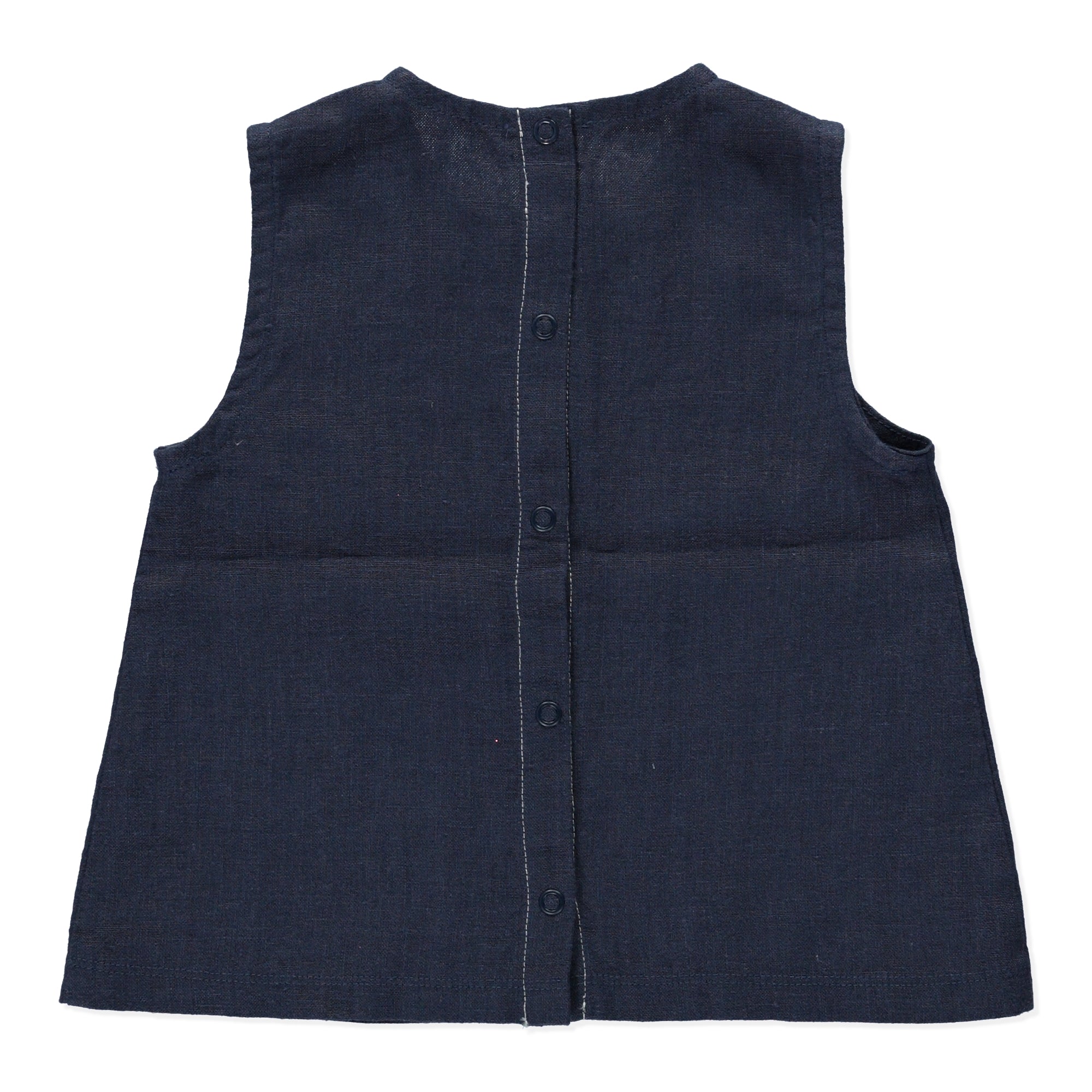 A stylish sleeveless blue top made of 100% linen, featuring a round neck and snap closure at the back.