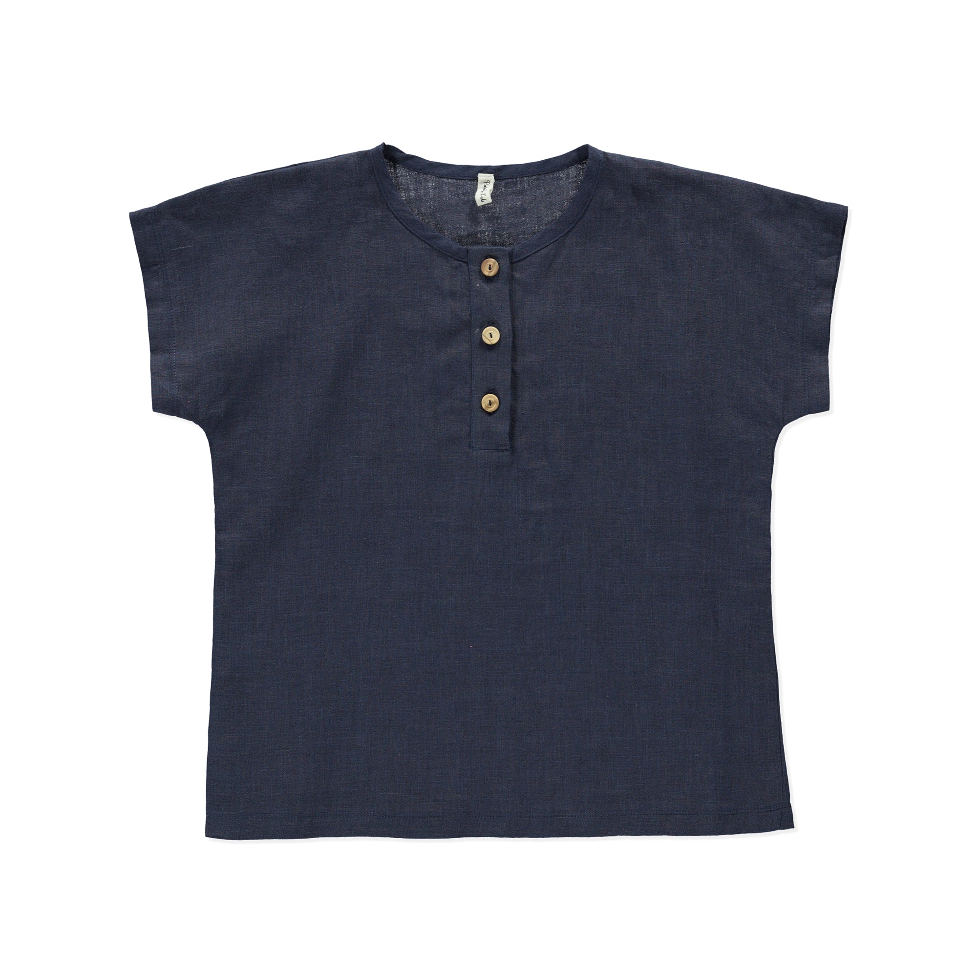 Top Marigold Blue, a casual boxy linen top with olive wood buttons, in vibrant blue color.