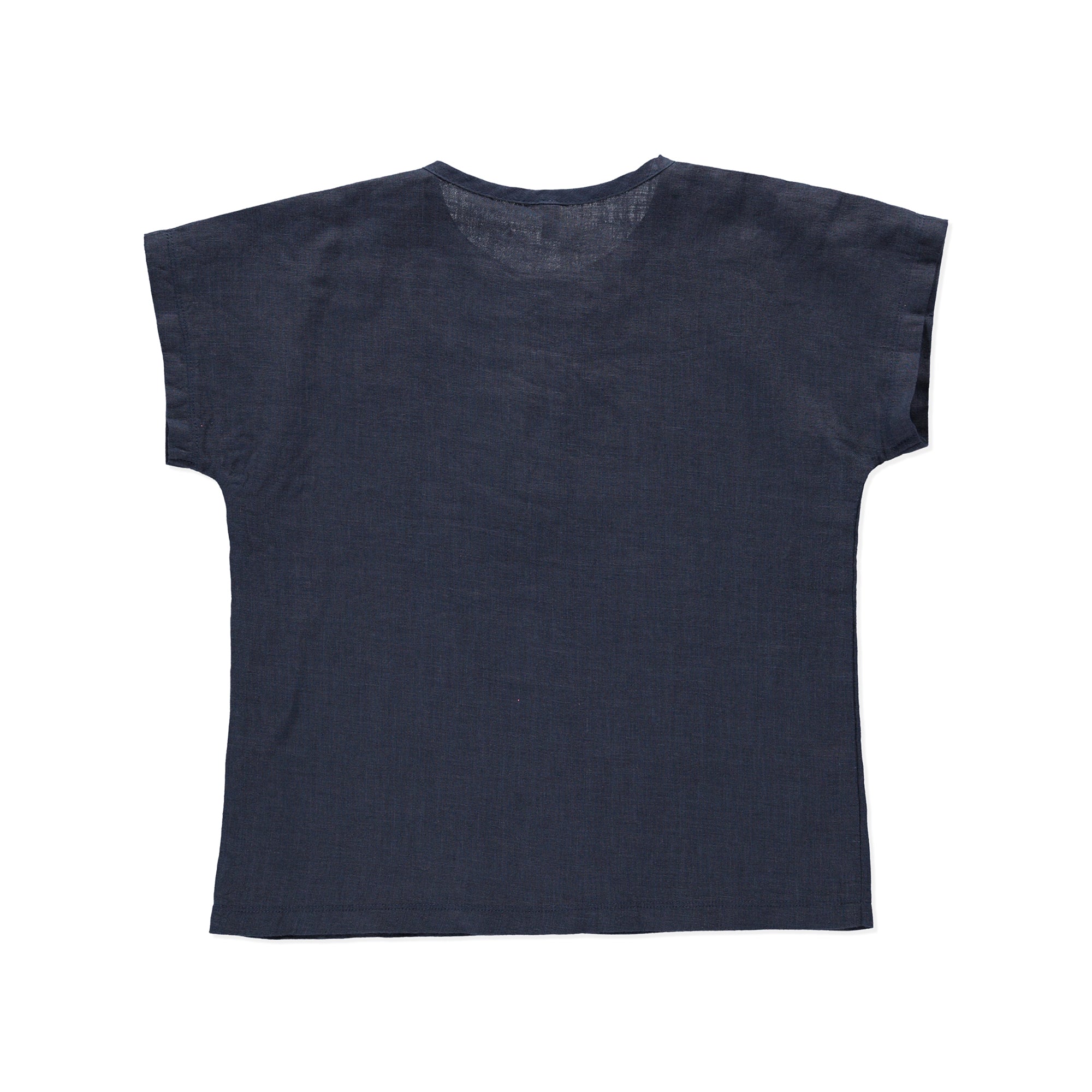 Top Marigold Blue, a casual boxy linen top with olive wood buttons, in vibrant blue color.