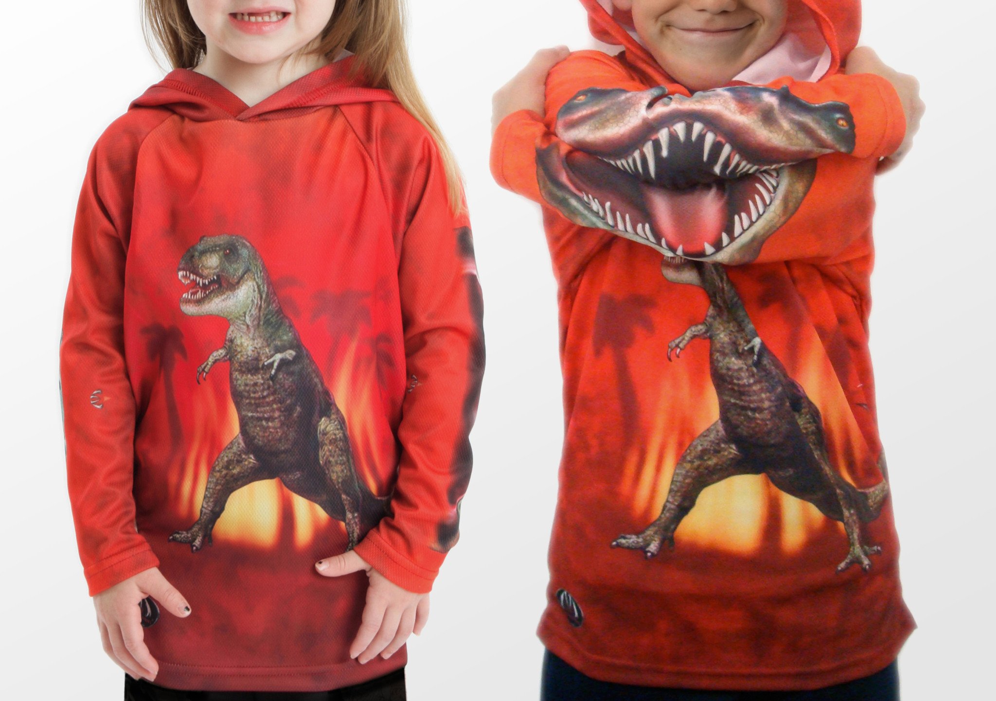 Bright red T-REX DINO hoodie sport shirt featuring a giant mouth design, perfect for sports and outdoor activities.