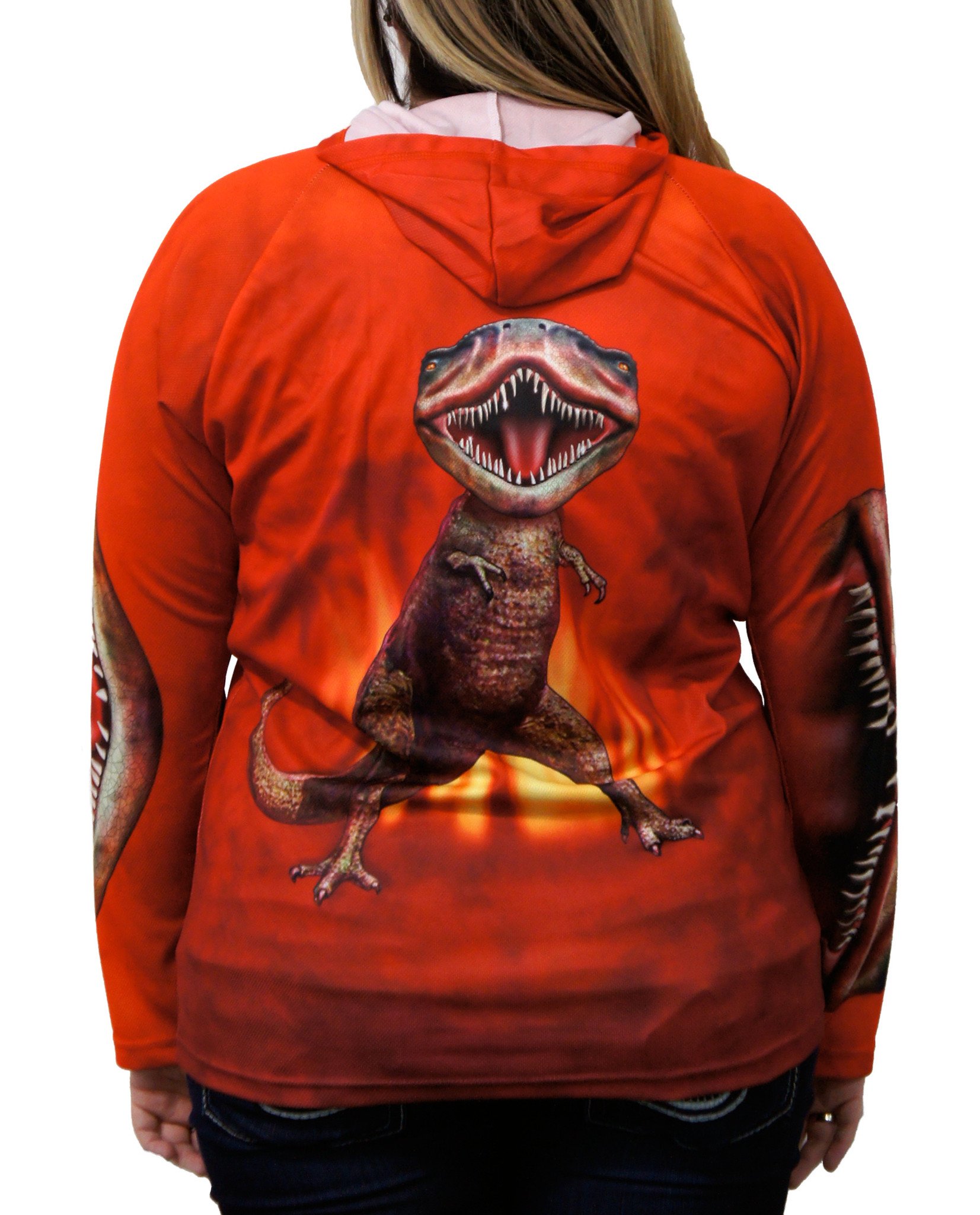 Bright red T-REX DINO hoodie sport shirt featuring a giant mouth design, perfect for sports and outdoor activities.