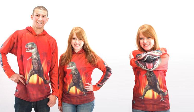 Bright red T-REX DINO hoodie sport shirt featuring a giant mouth design, perfect for sports and outdoor activities.