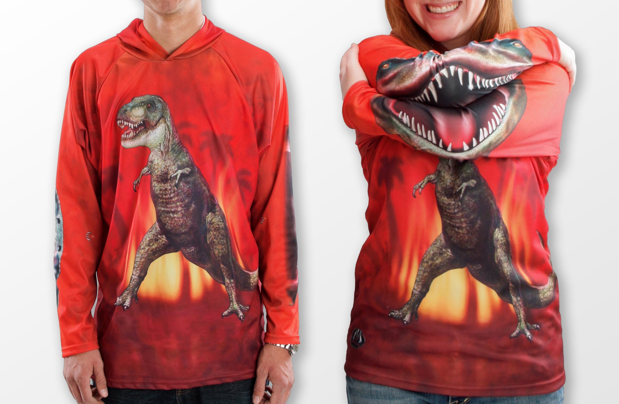 Bright red T-REX DINO hoodie sport shirt featuring a giant mouth design, perfect for sports and outdoor activities.