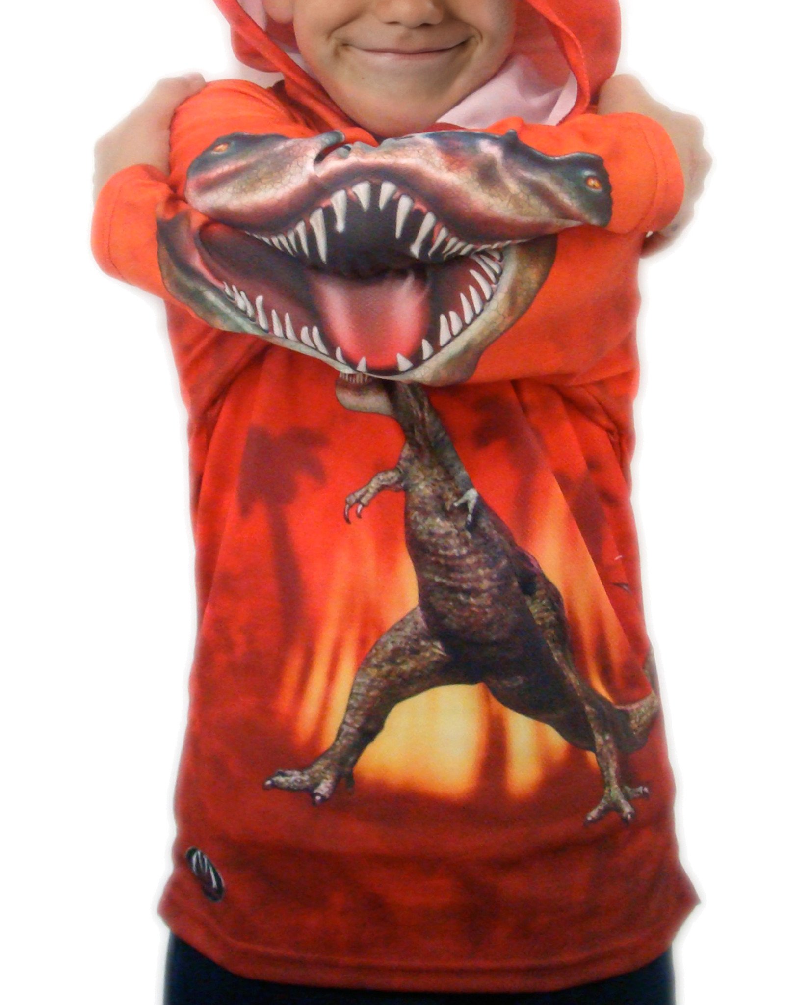 Bright red T-REX DINO hoodie sport shirt featuring a giant mouth design, perfect for sports and outdoor activities.