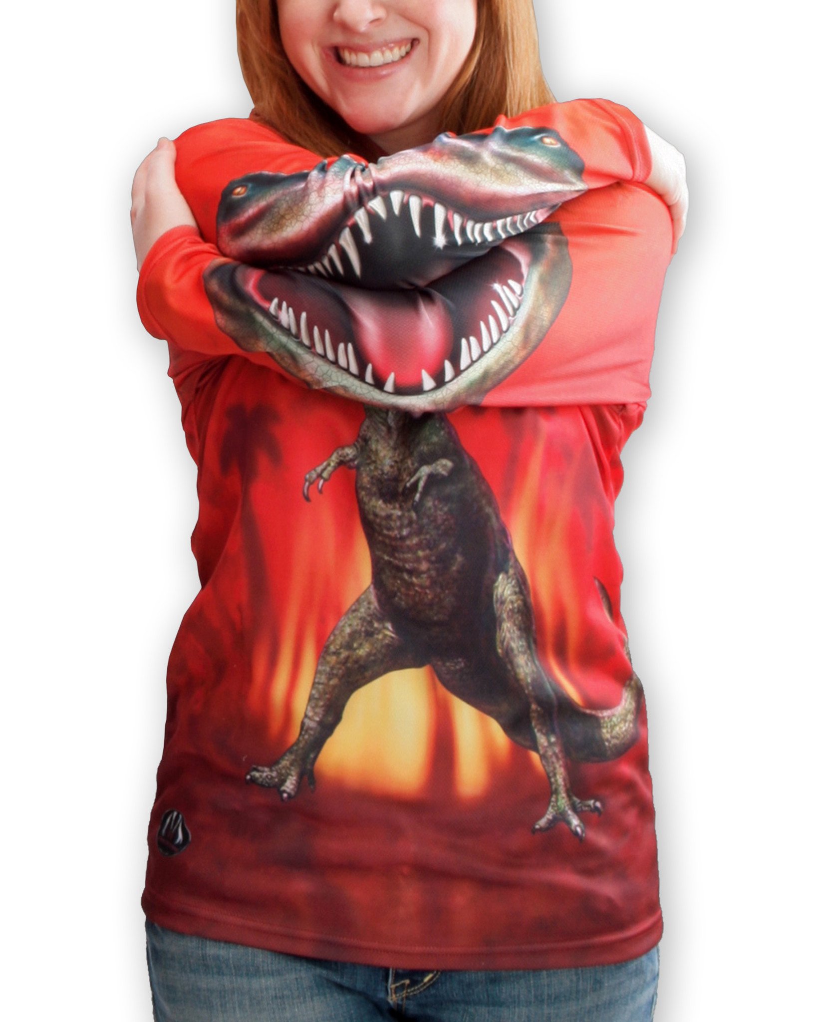 Bright red T-REX DINO hoodie sport shirt featuring a giant mouth design, perfect for sports and outdoor activities.