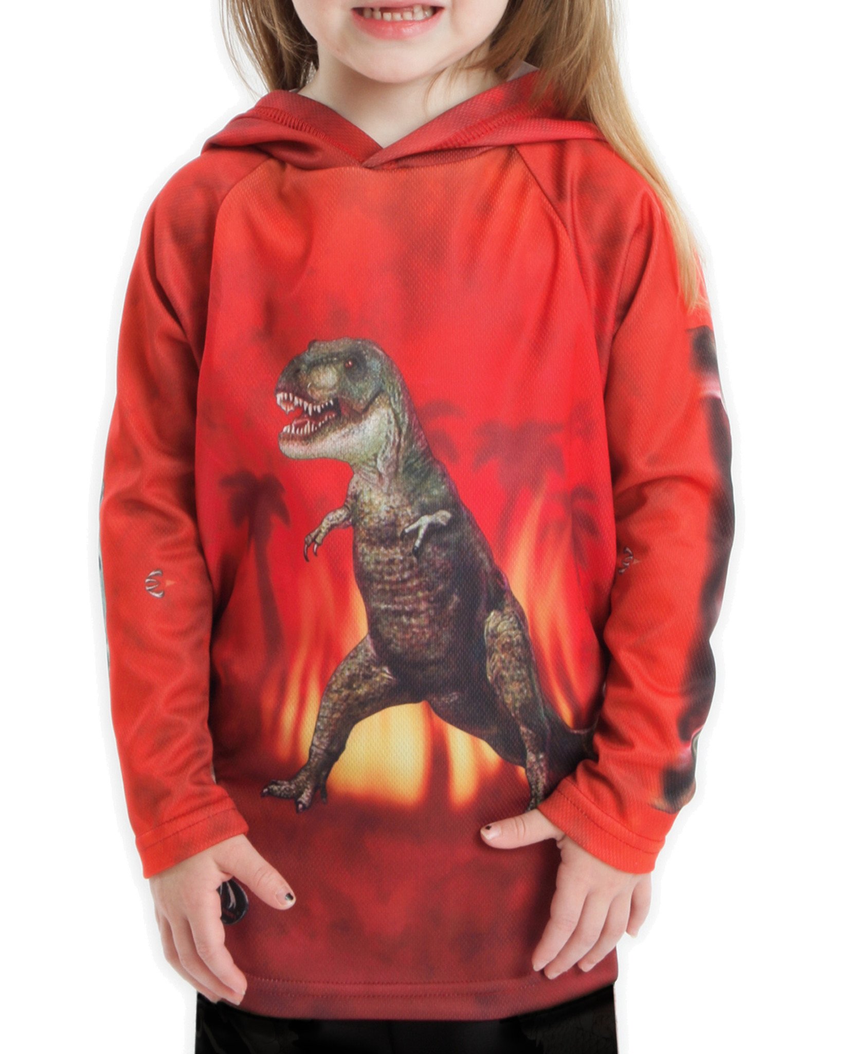 Bright red T-REX DINO hoodie sport shirt featuring a giant mouth design, perfect for sports and outdoor activities.