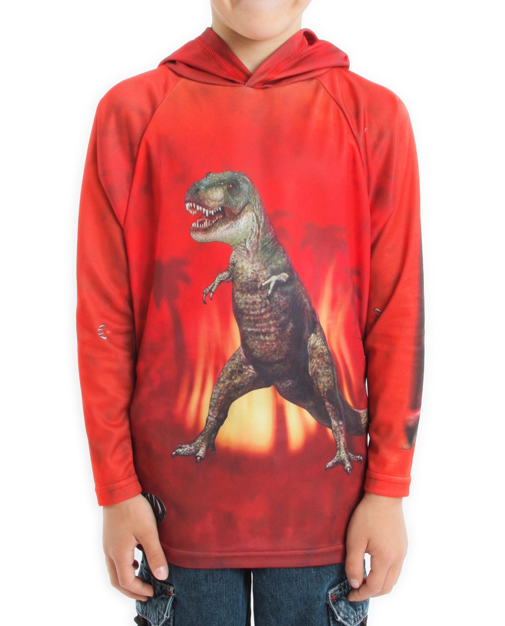 Bright red T-REX DINO hoodie sport shirt featuring a giant mouth design, perfect for sports and outdoor activities.