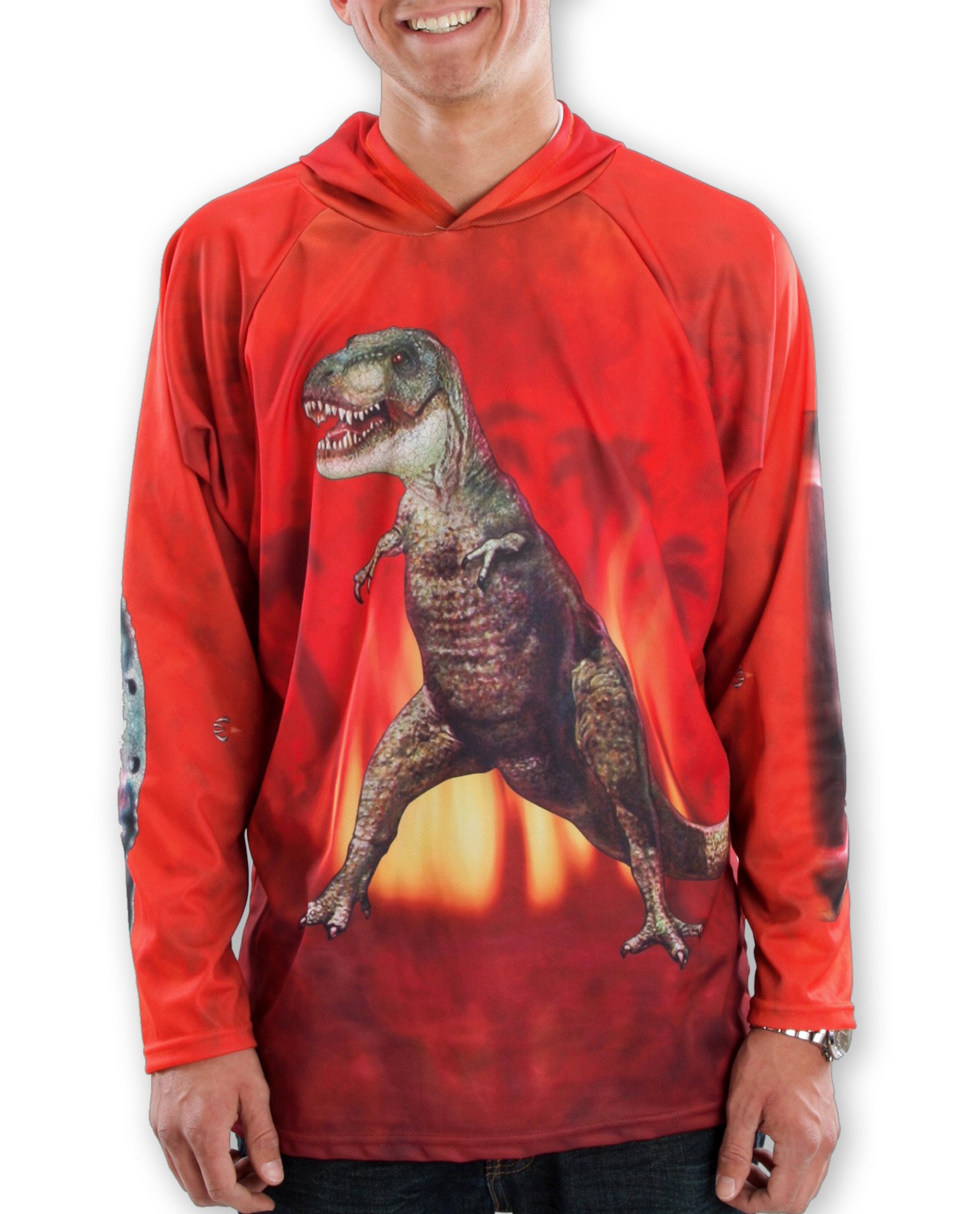 Bright red T-REX DINO hoodie sport shirt featuring a giant mouth design, perfect for sports and outdoor activities.