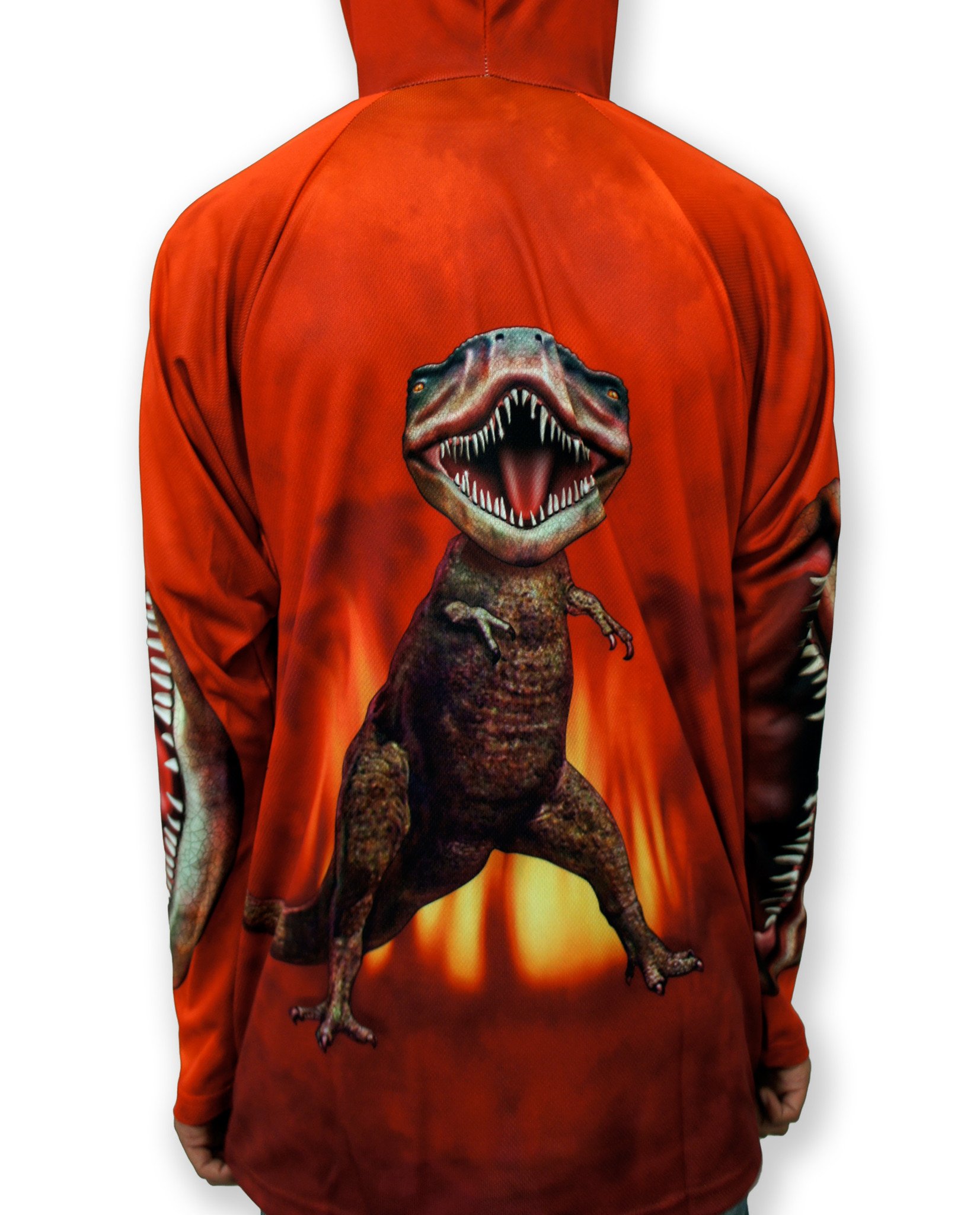 Bright red T-REX DINO hoodie sport shirt featuring a giant mouth design, perfect for sports and outdoor activities.